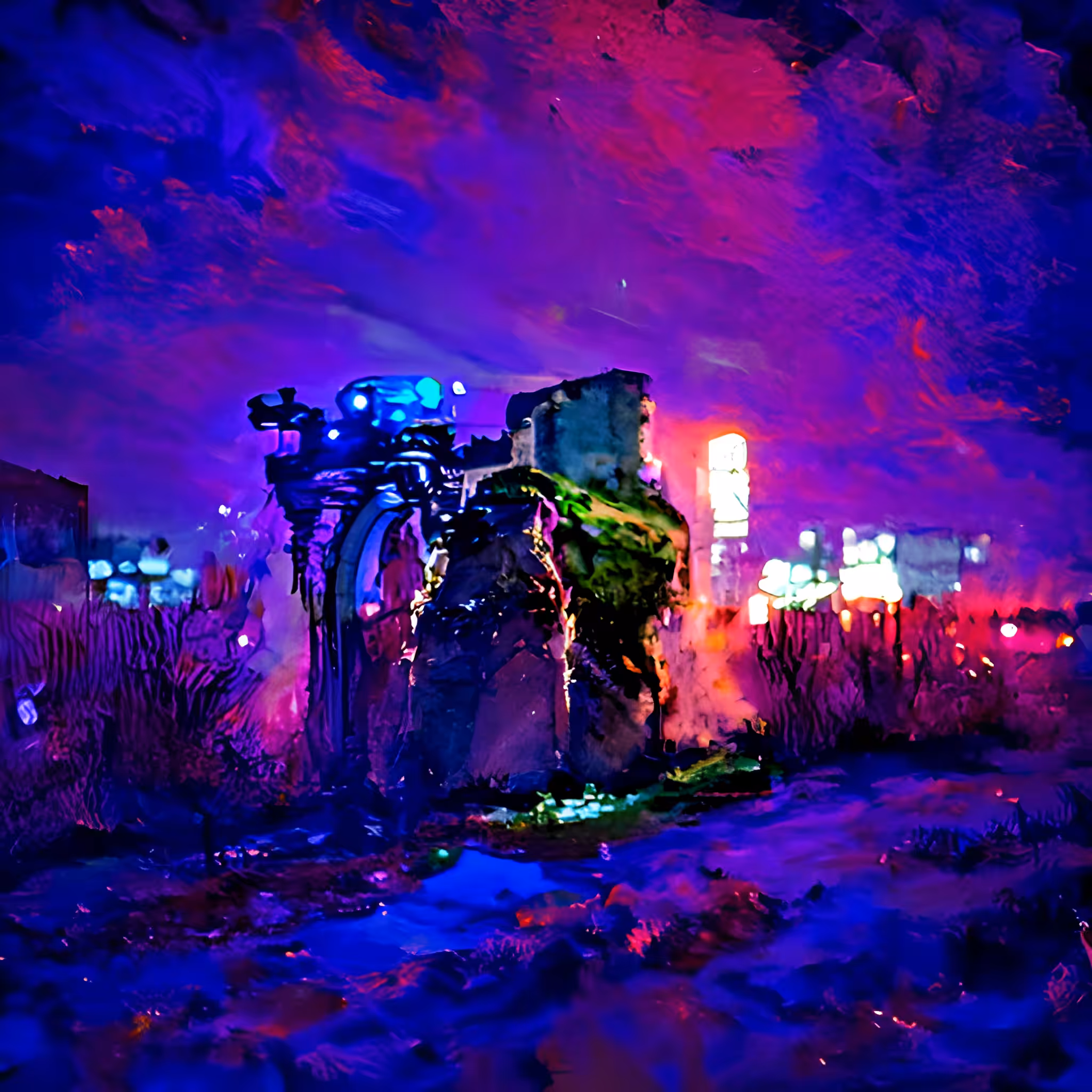 Castle ruins within a Cyberpunk landscape at night