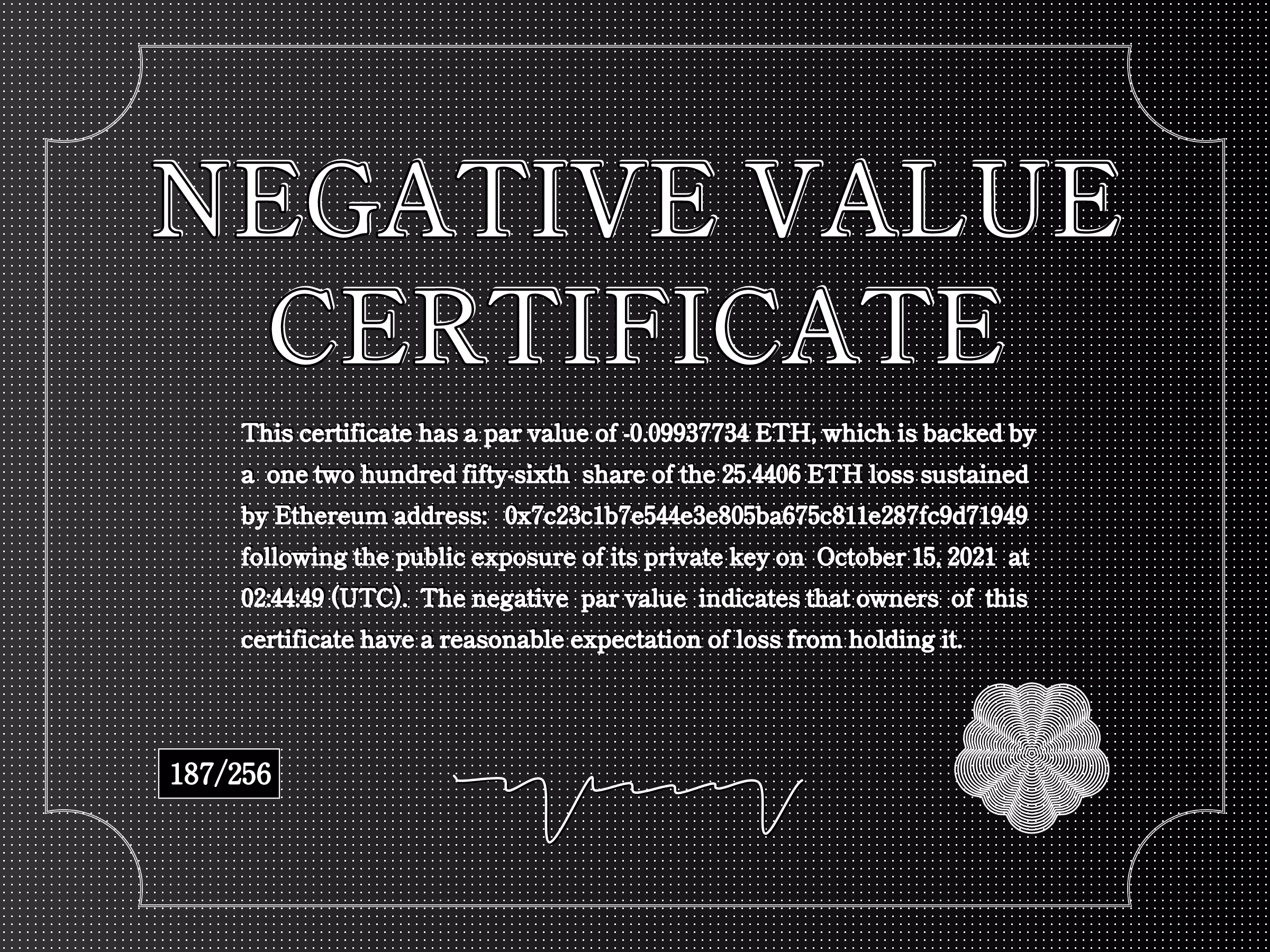 Negative Value Certificate #187 of 256