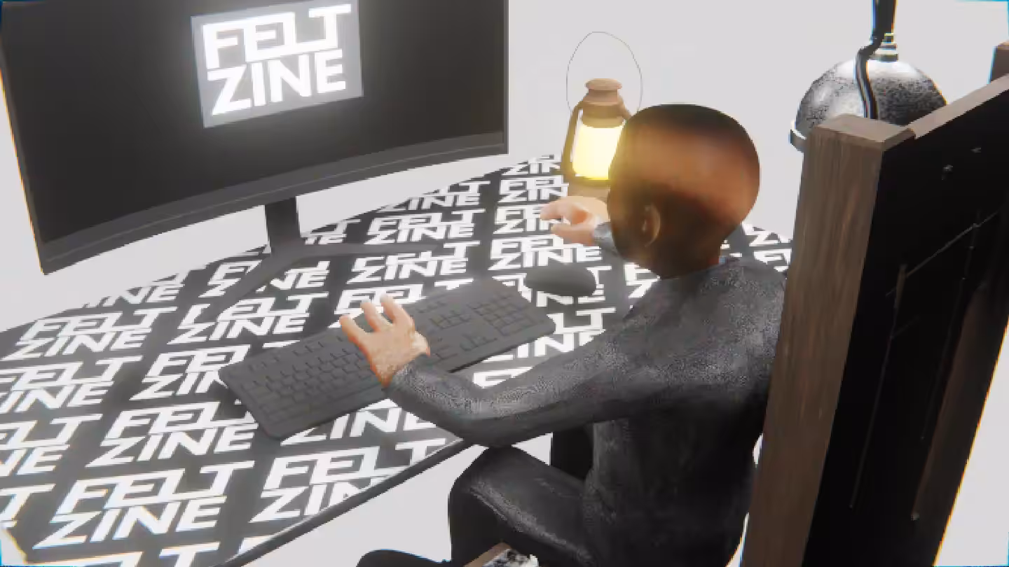 Desktop #32: The Business in the Electric Chair With a Gas Lamp and a Old School Monitor on a Felt Zine Table in The Void