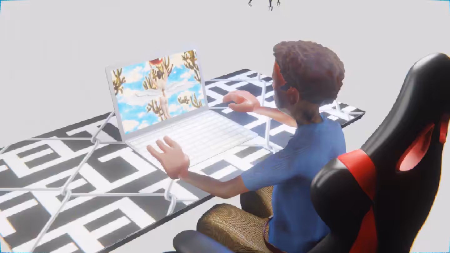 Desktop #148: The Developer in the Gaming Chair With a Drone and a Gardens Monitor on a Barbed Wire Table in The Void