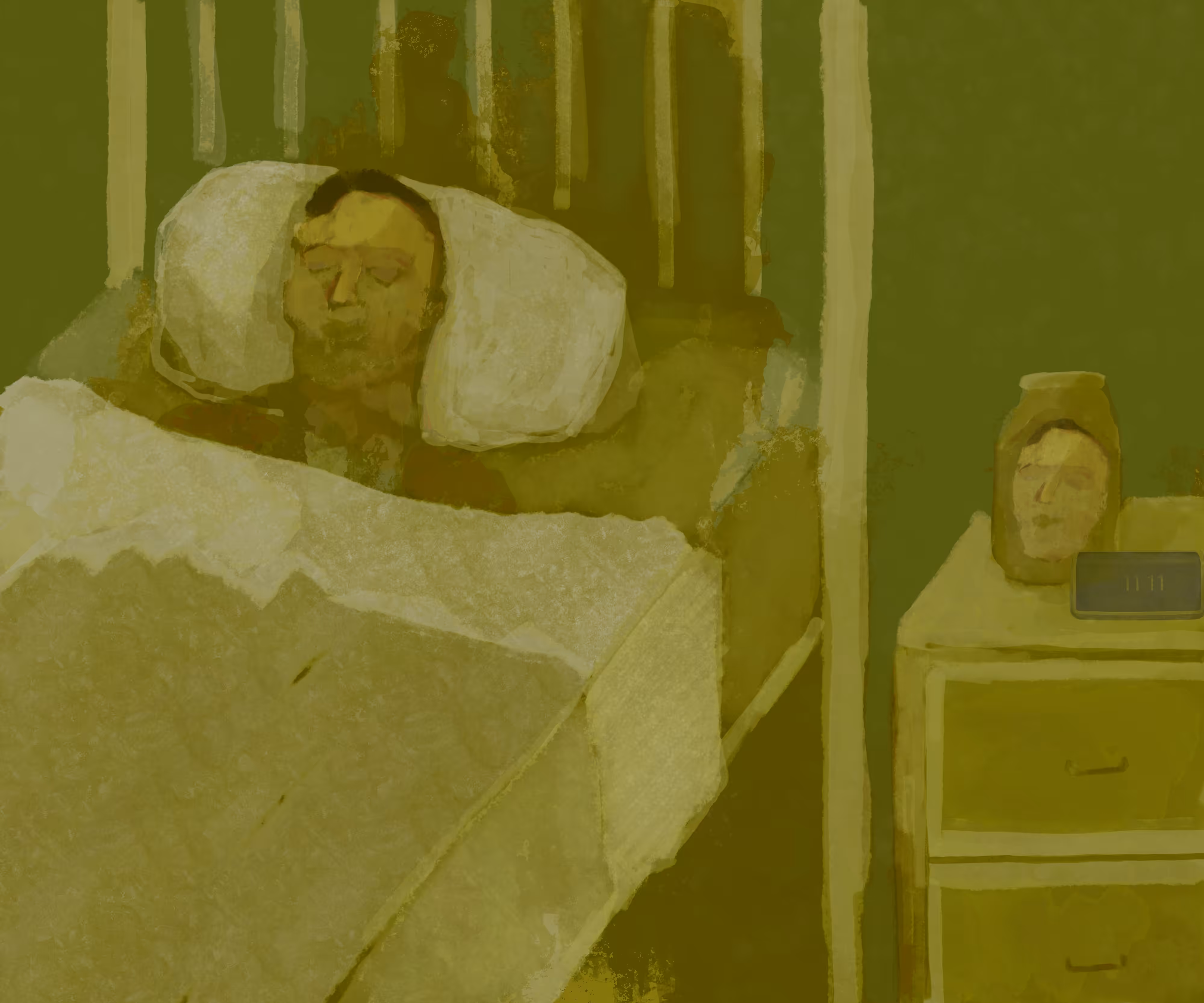 Man sleeps next to jar containing his twin's head