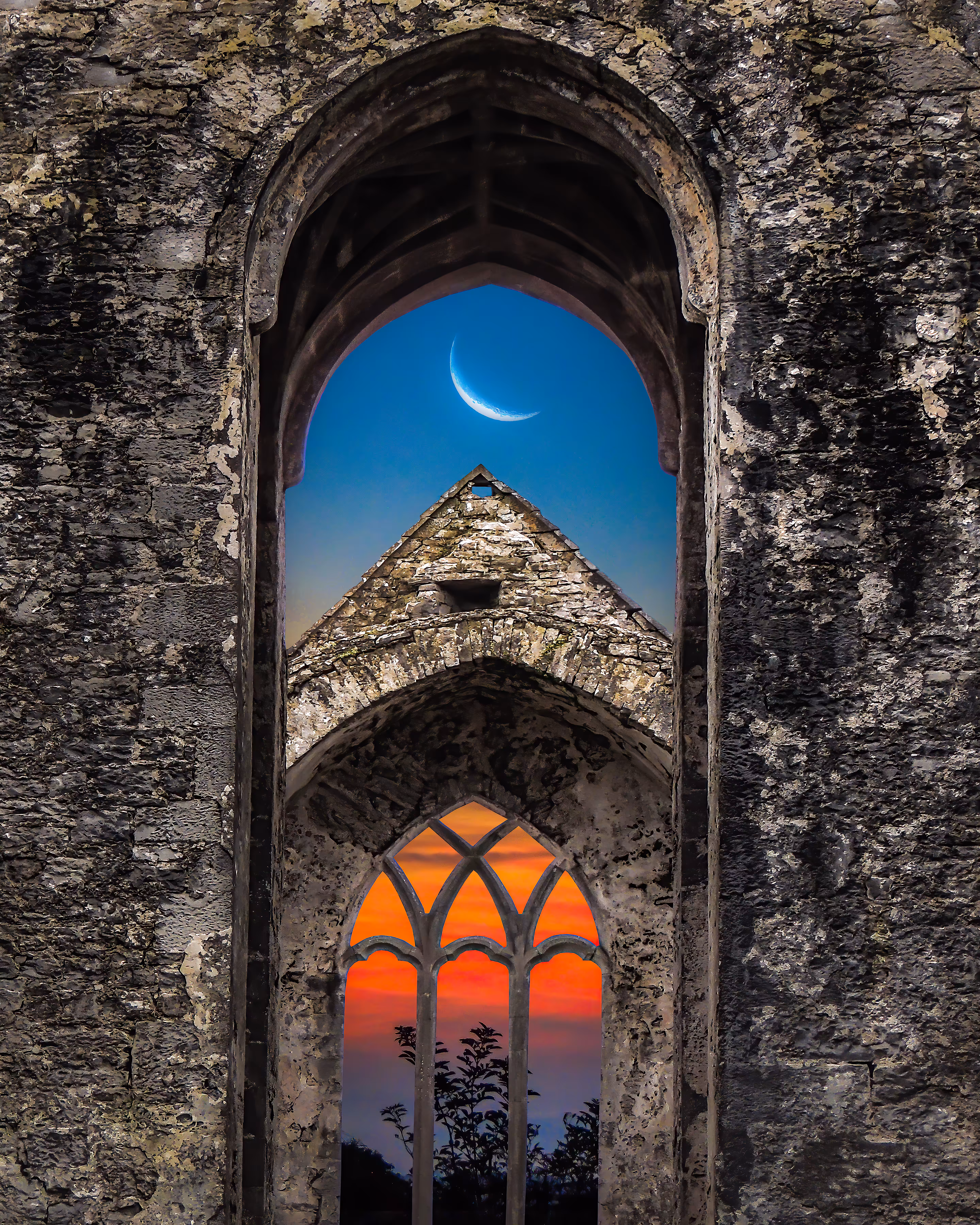 Crescent Moon over Medieval Abbey
