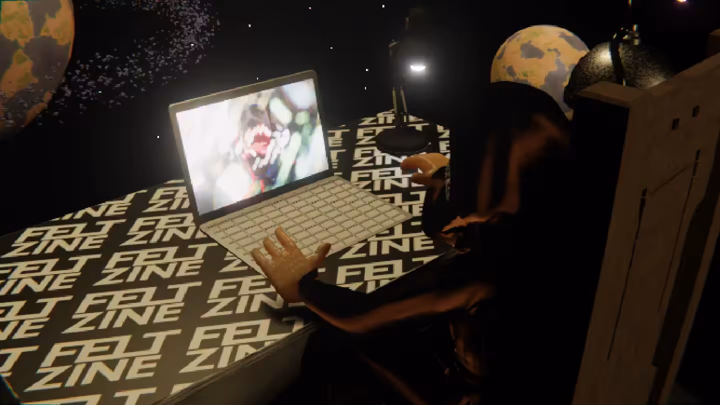 Desktop #291: The Guru in the Electric Chair With a Desk Lamp and a Algo Lite Macbook on a Felt Zine Table in Space