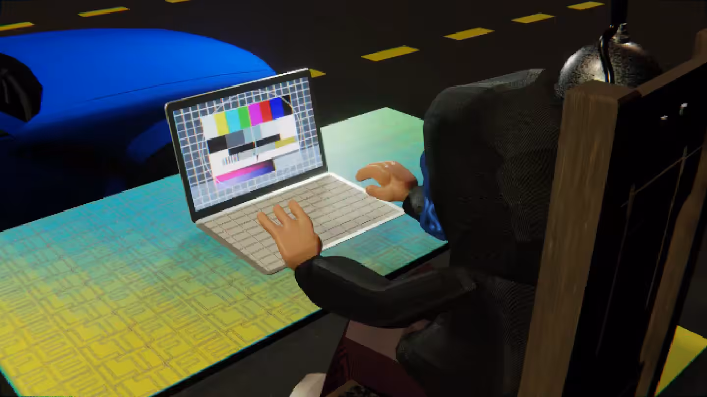 Desktop #14: The Hacker in the Electric Chair With a Hanging Light and a Please Stand By Monitor on a Green FELT Zine Table in The Streets