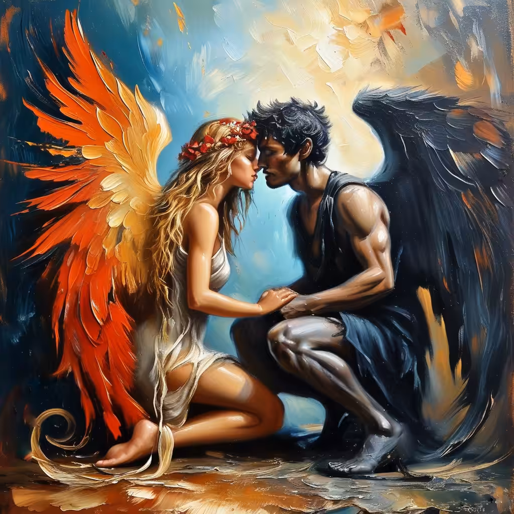 art , digital art ,Ai, Ai art, girl, angel, demon, dream, girl, flowers, magic, surreal, love, animals , pixel art,