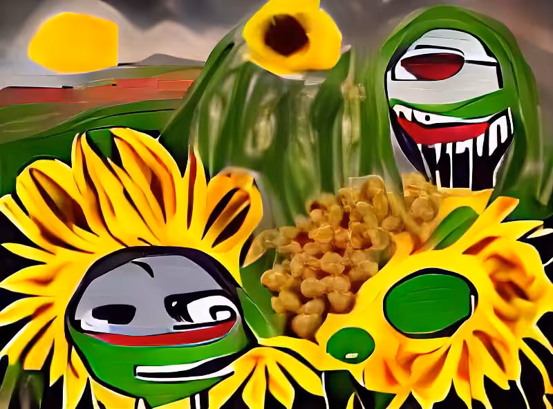 Abraham's First Works: A sunflower at a Slipknot concert eating corn with rolling hills in the background after losing its pancreas while pepe the frog gets a 19th century disease.