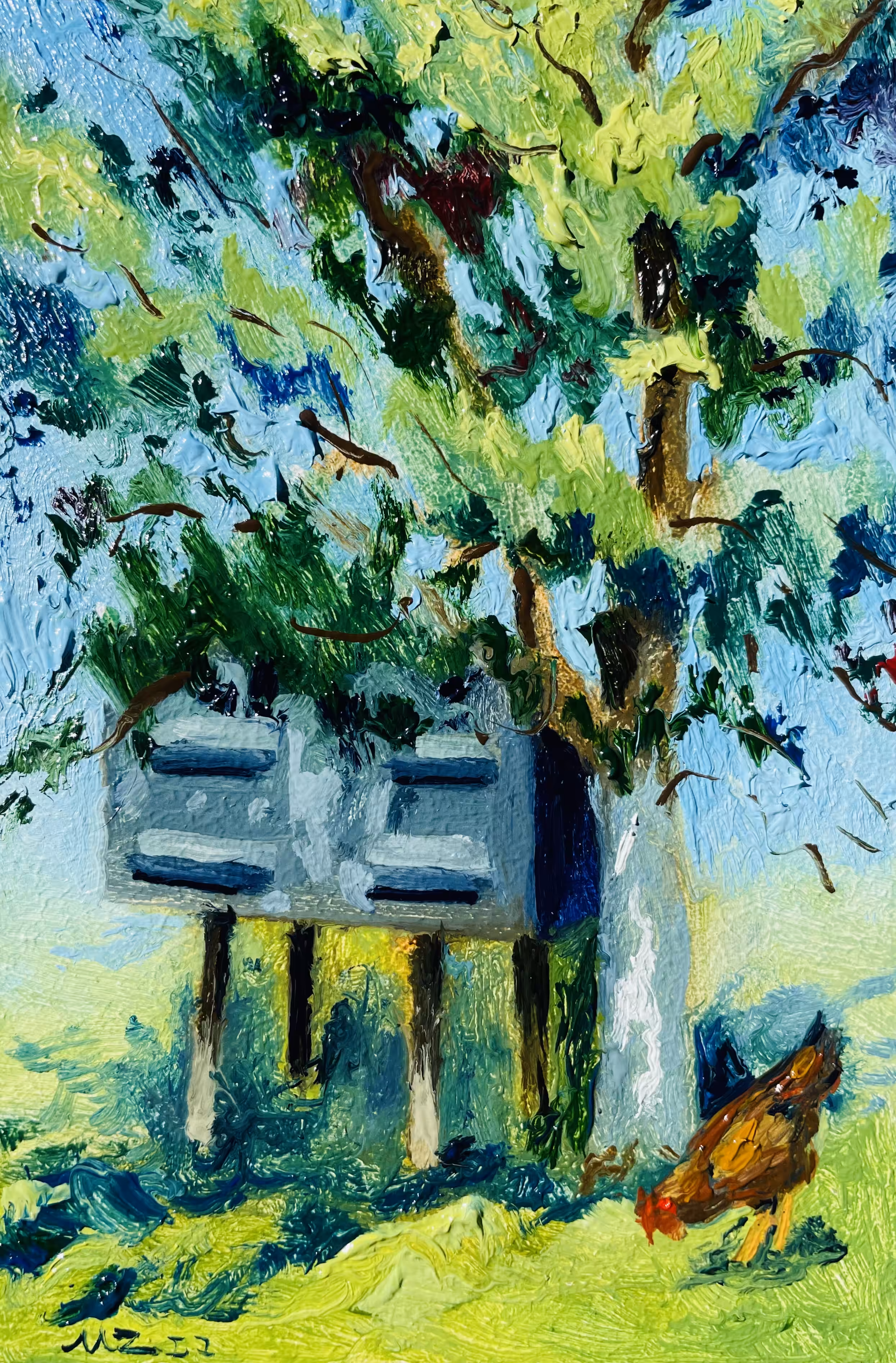 Tree and beehive with bees