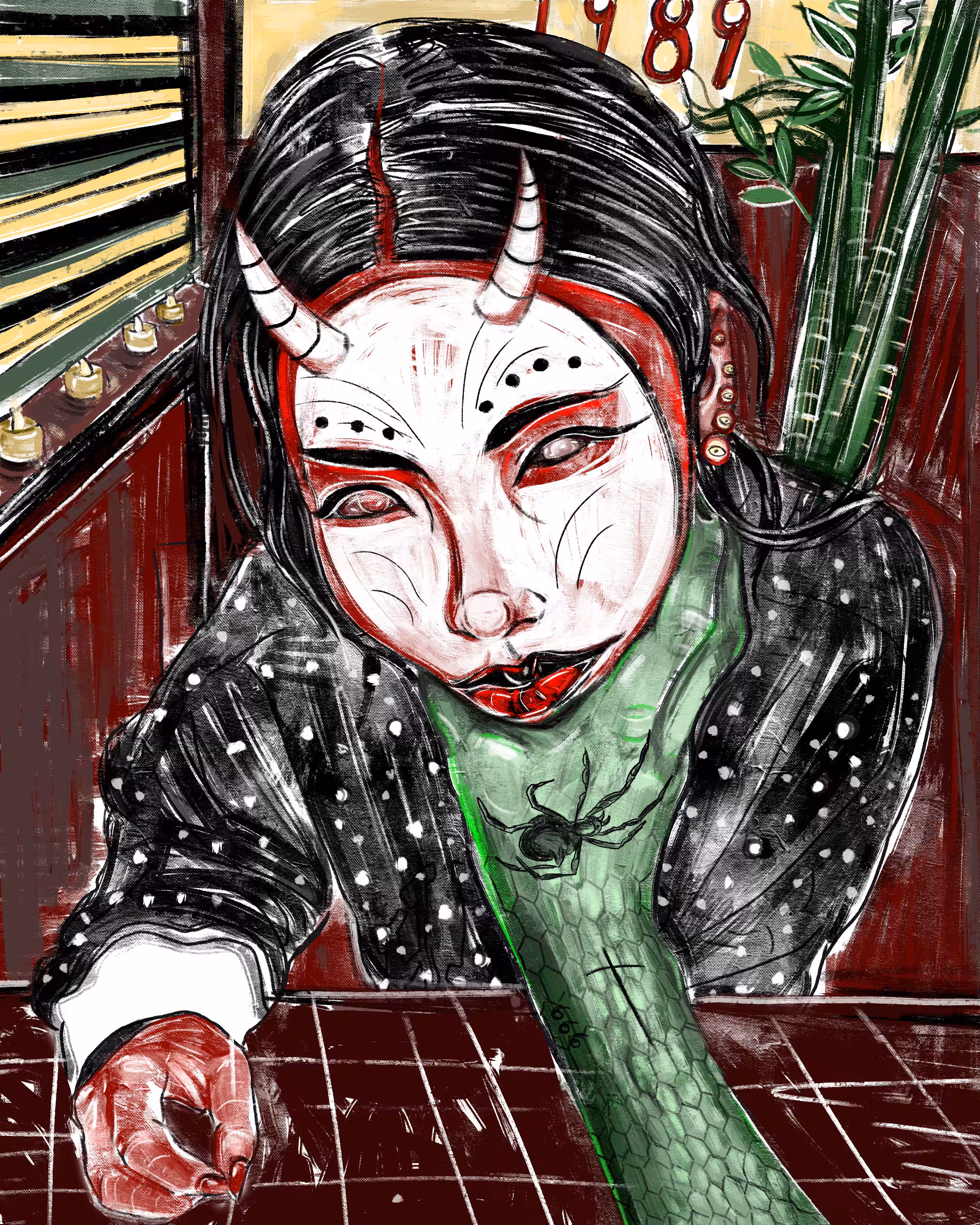 Kabuki doll meets scaly man!