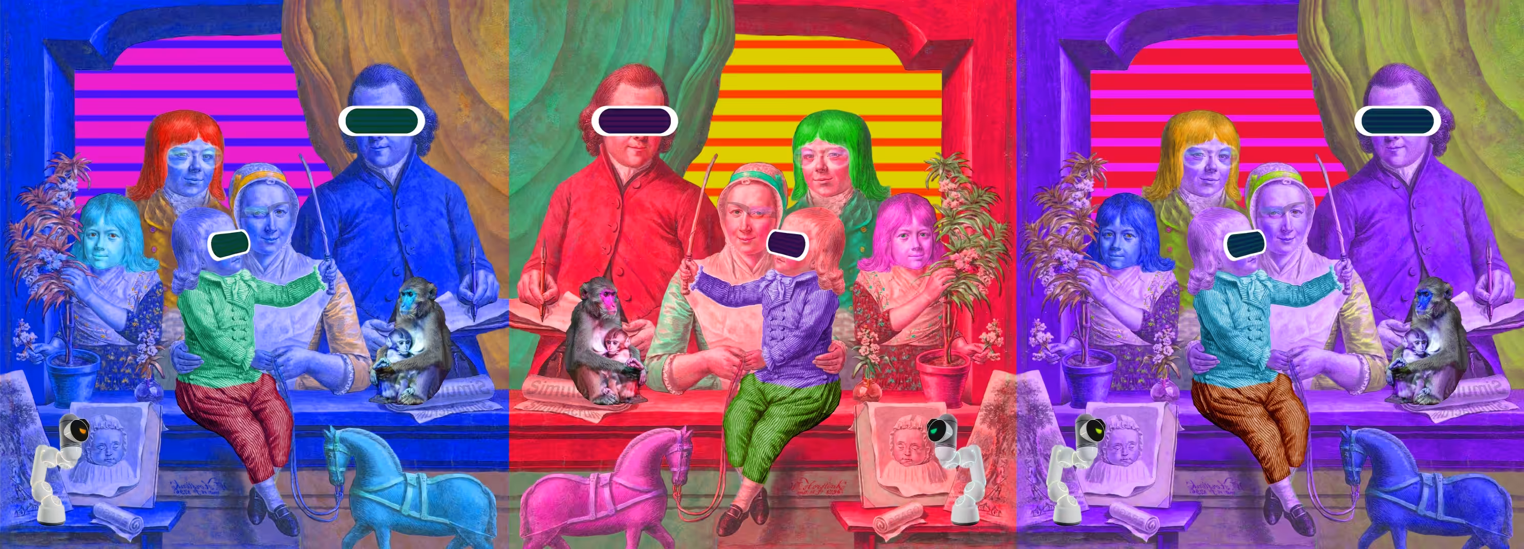 Three Portraits Of A Midcentury Family Enjoying Some Free Time With Virtual Reality