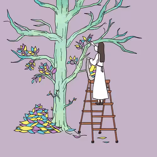 Girl pasting leaves #0002