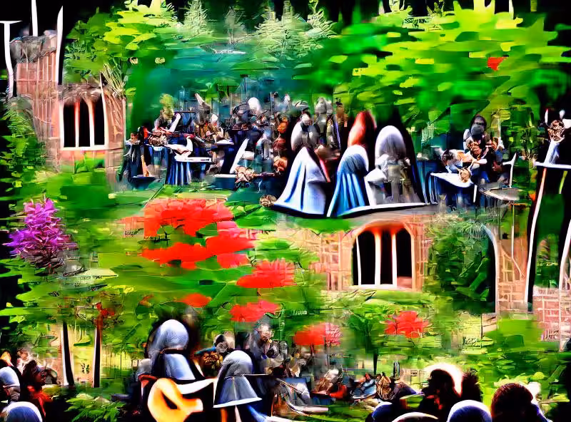 live music concert in a garden summer lots of trees medieval