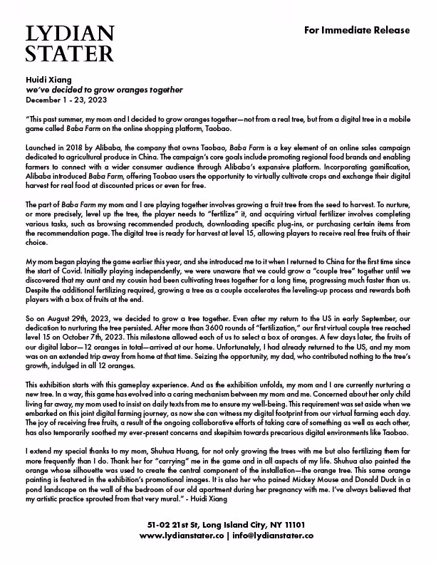 Huidi Xiang: we’ve decided to grow oranges together | Press Release