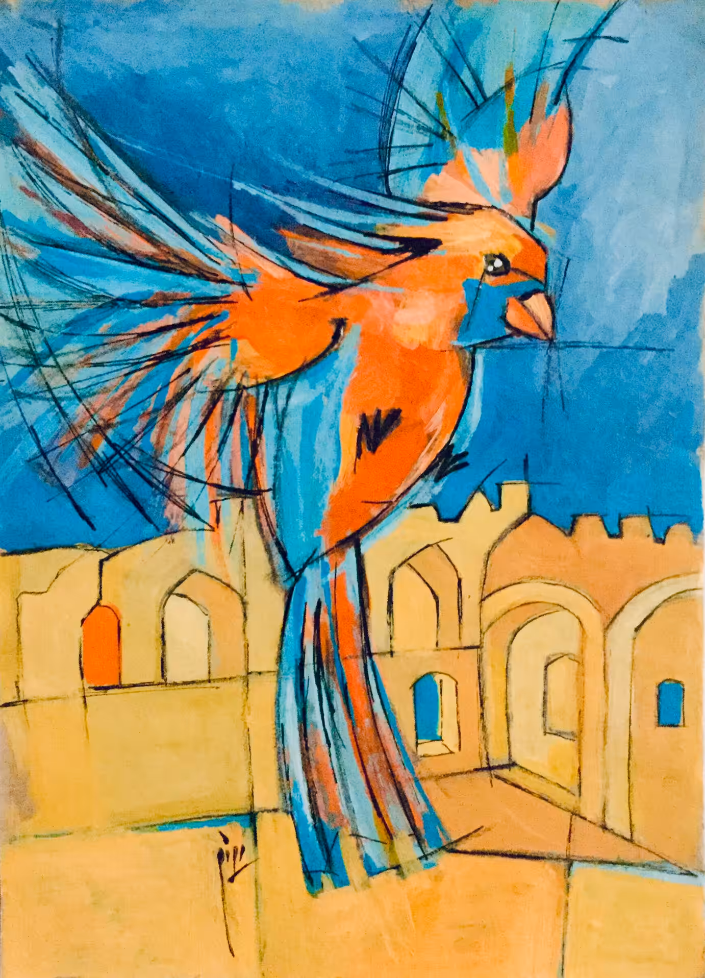 Flying orange parrot