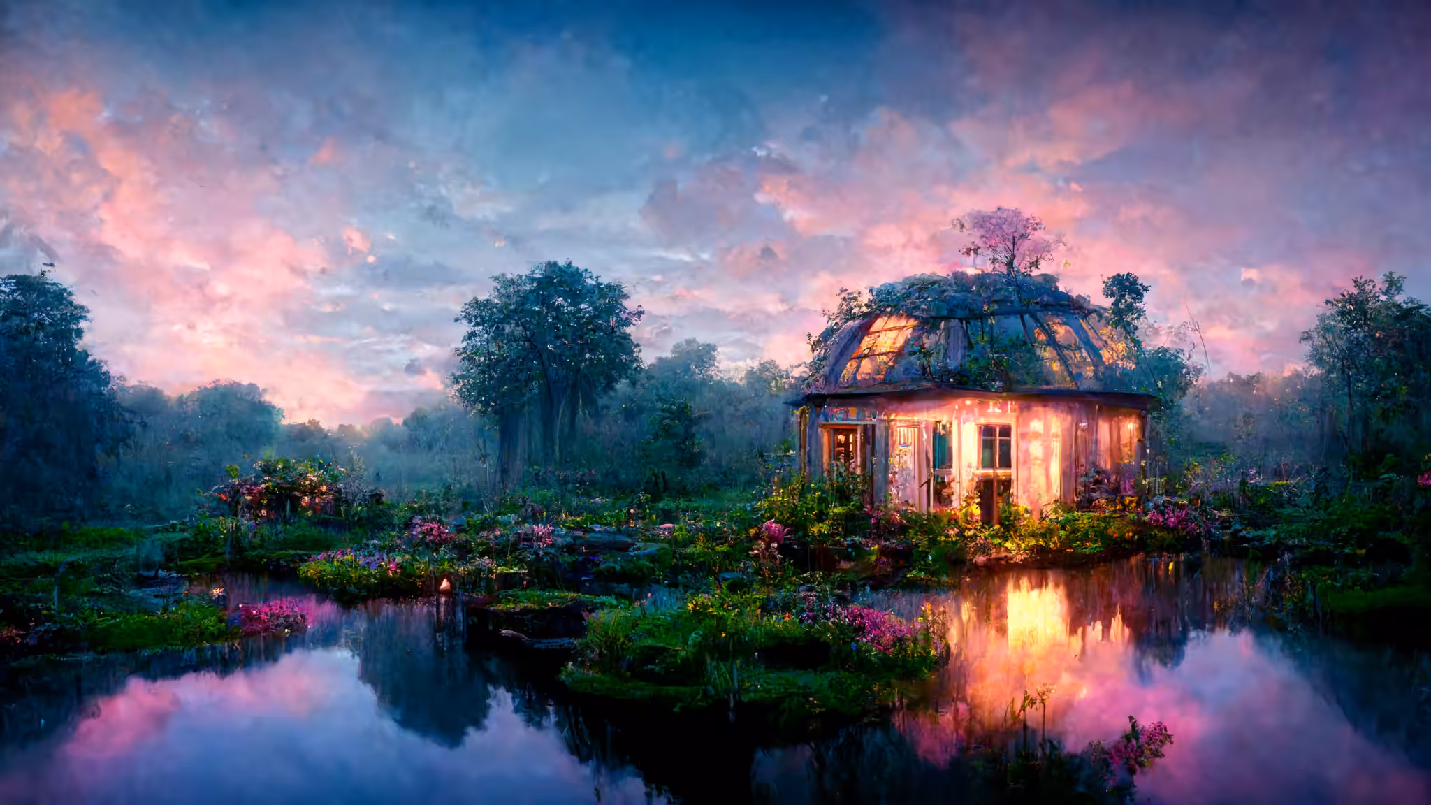 The Pond House In Purple Light