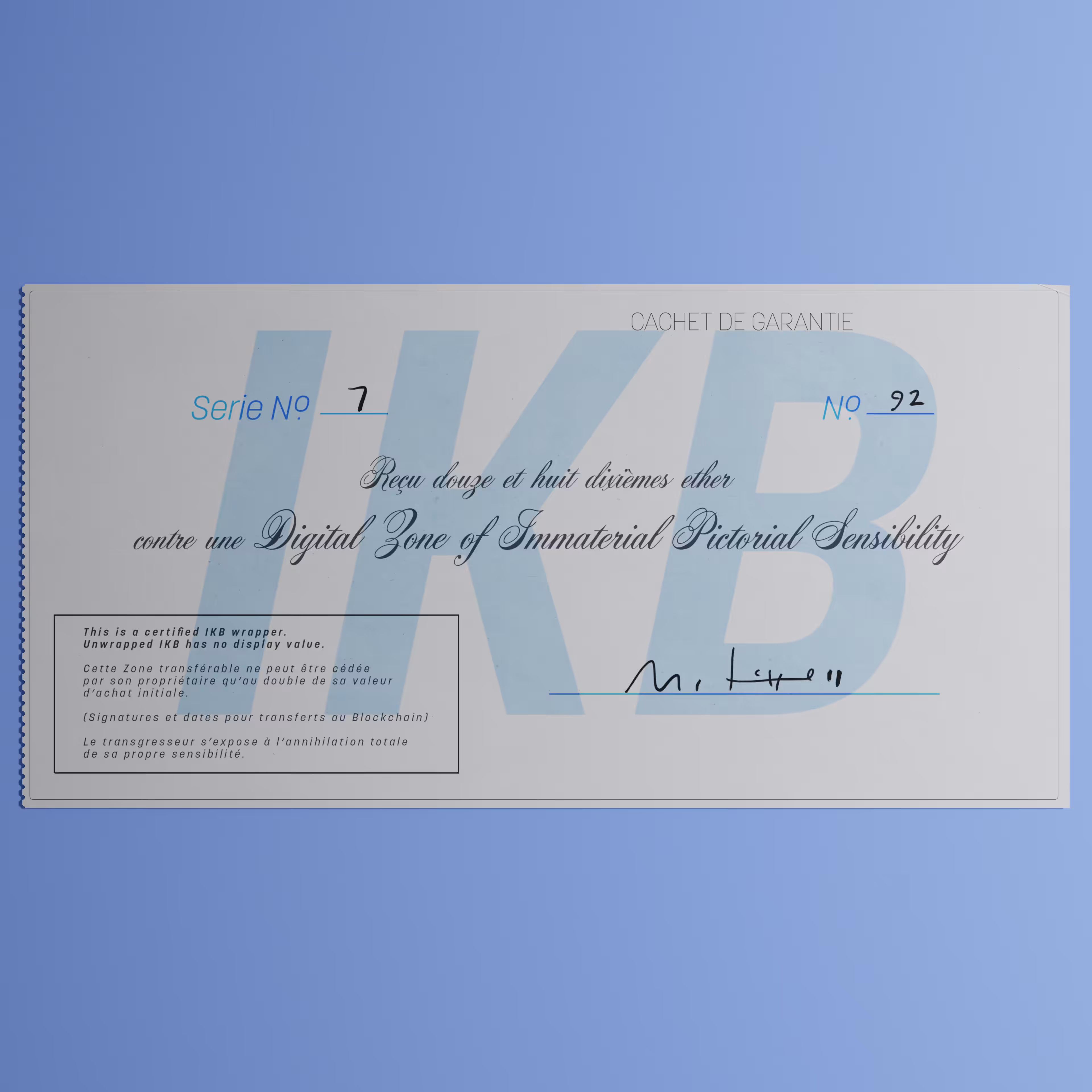 Digital Zone of Immaterial Pictorial Sensibility, Series 7, Edition 92. (Wrapped)