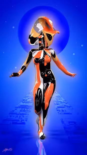 Glitch Goddess in the Metaverse Duo in Orange & Blue