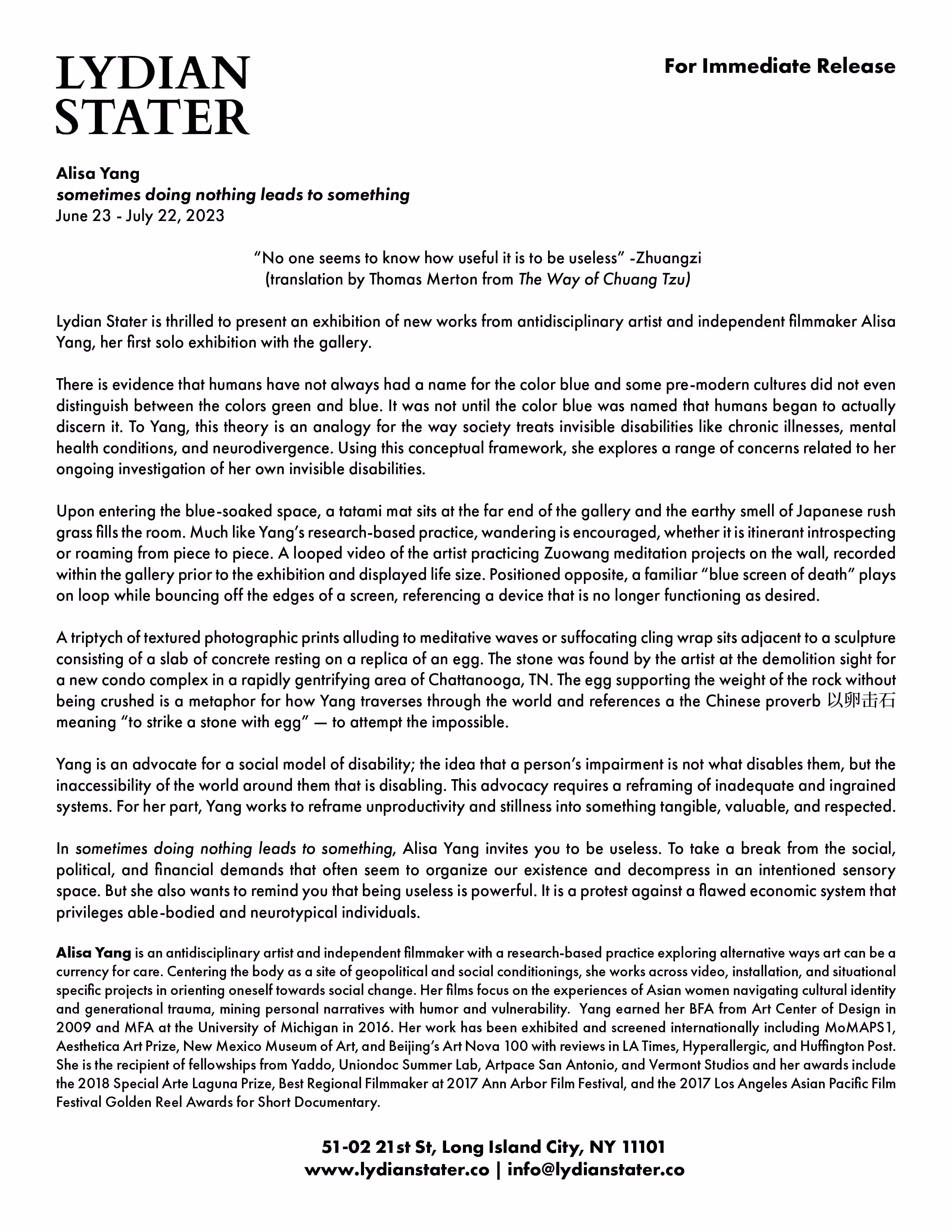 Alisa Yang: sometimes doing nothing leads to something | Press Release