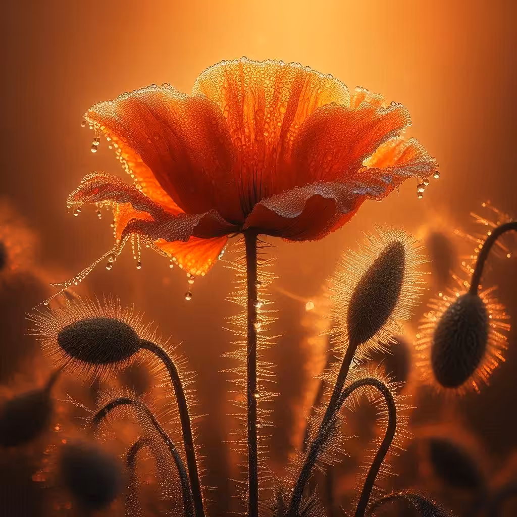 Glowing poppy flower with dewdrops at sunrise.