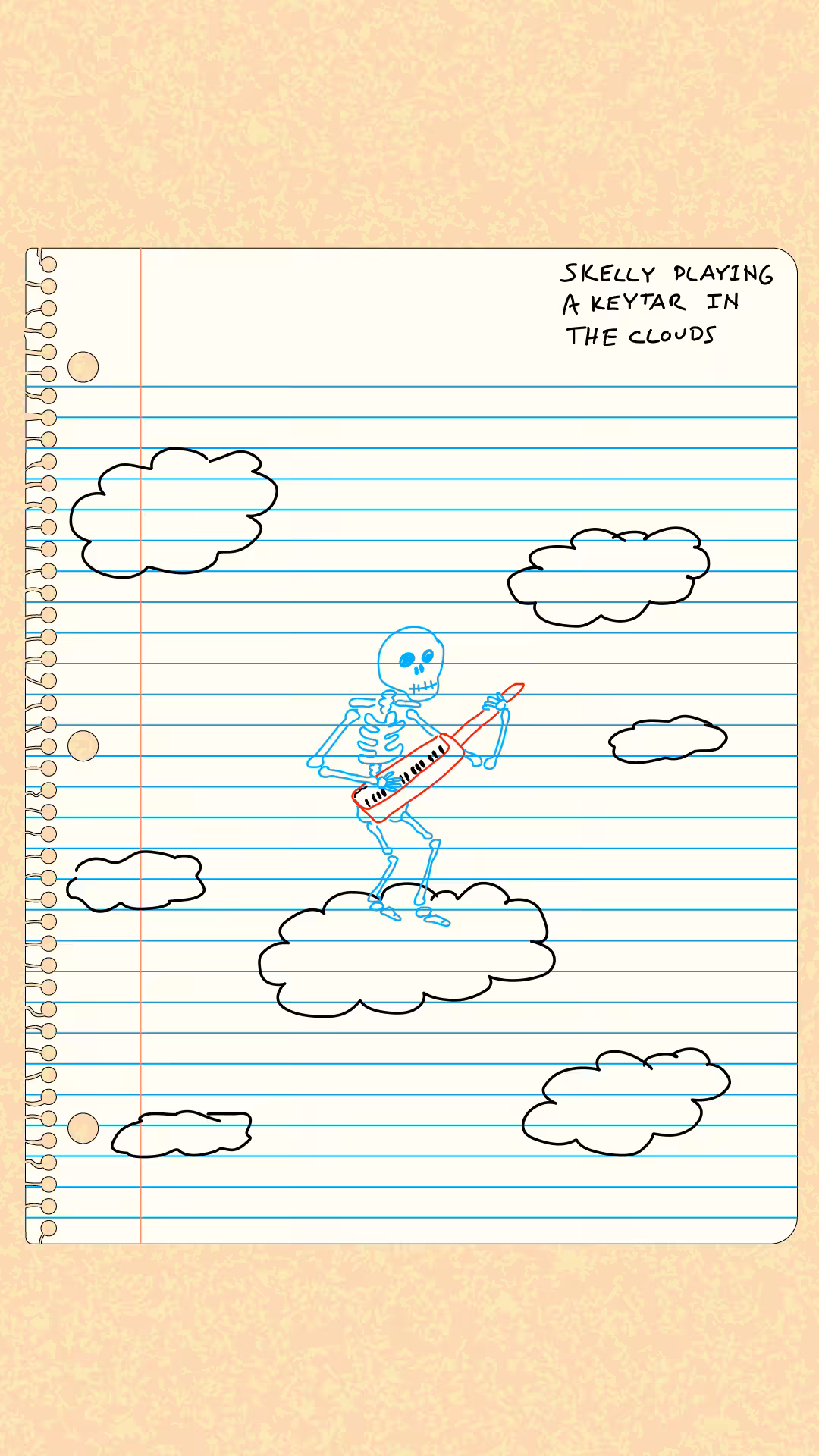 skelly playing a keytar in the clouds