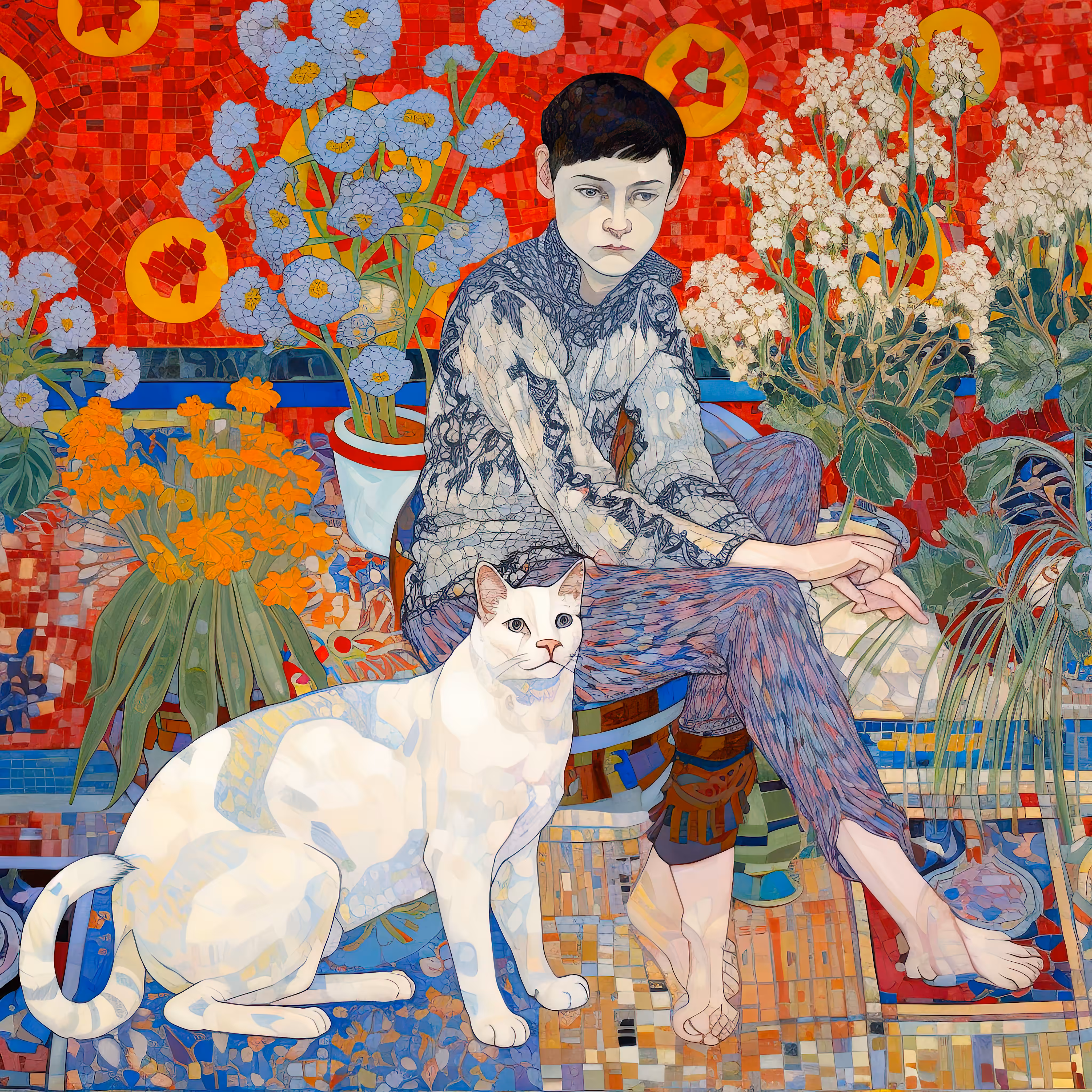 Boy with White Cat