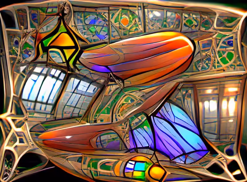 art nouveau stained glass spaceship flying between the stars