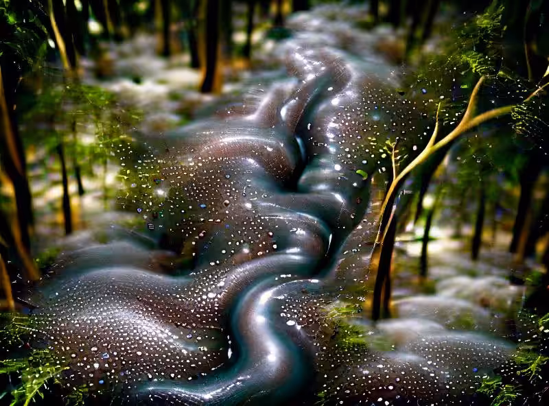 Abraham's First Works: A river runs through the forest, creating galaxies within the foam that evaporate into nothing.