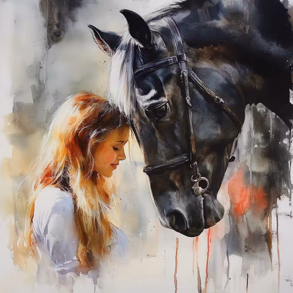 watercolor painting of a girl and a horse