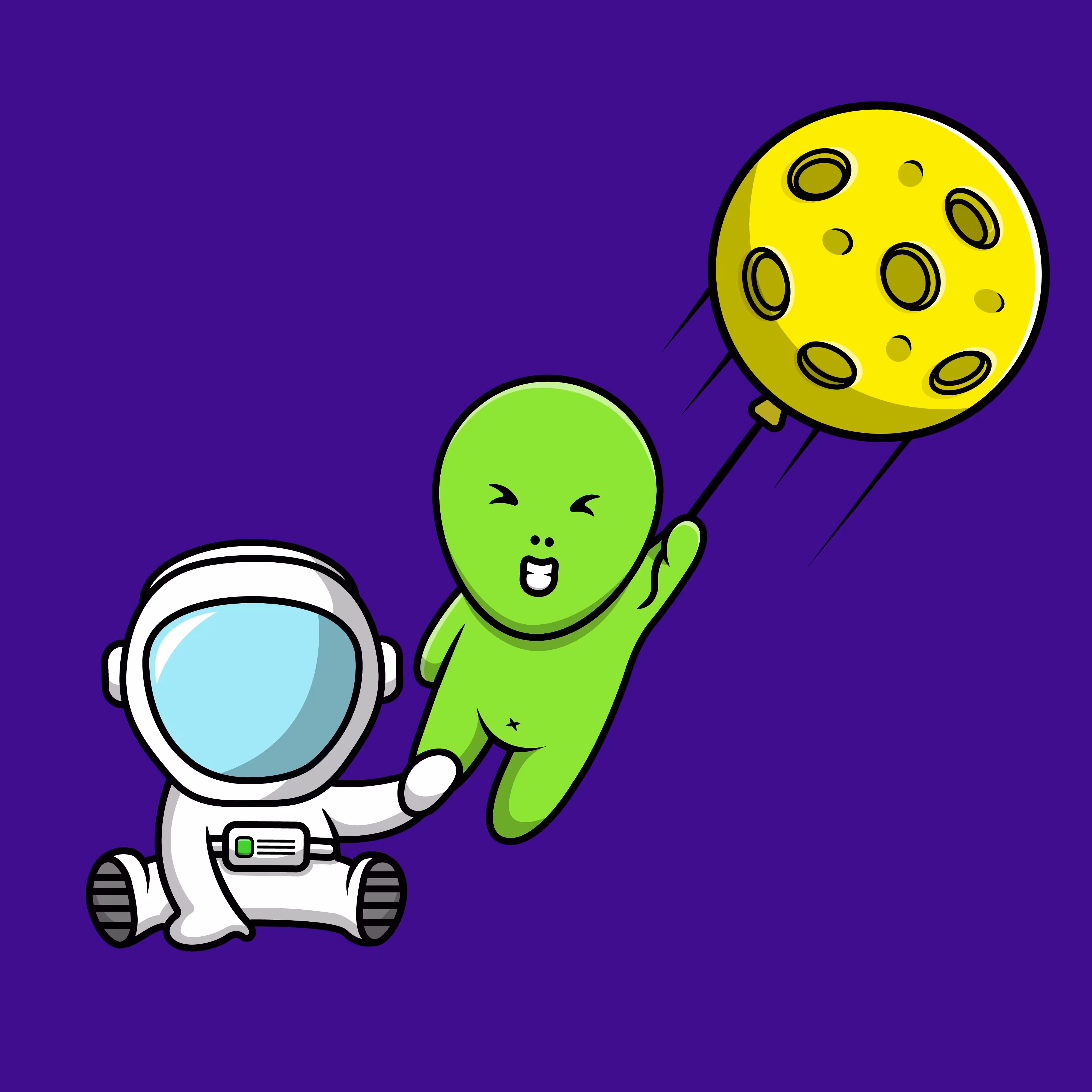 Cute Astronaut With Alien Holding The Moon Balloon