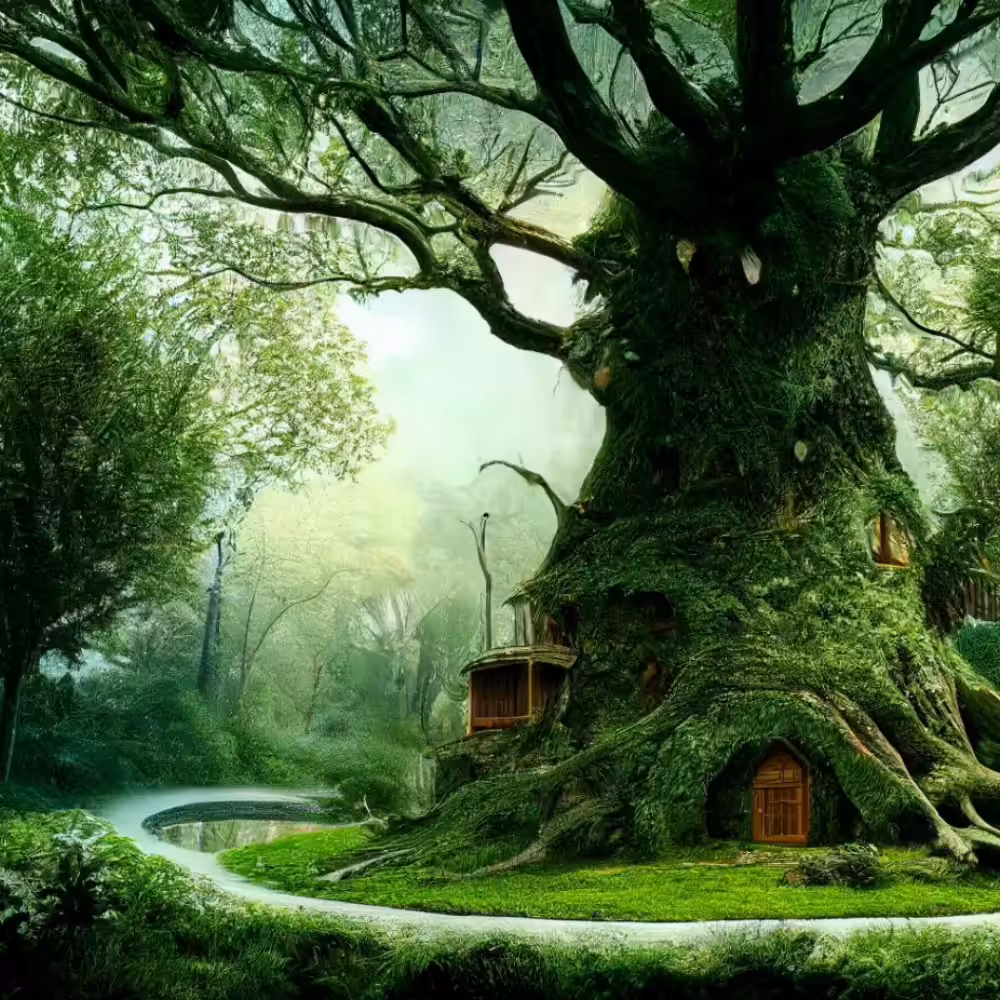 Huge inhabited tree with a house under it