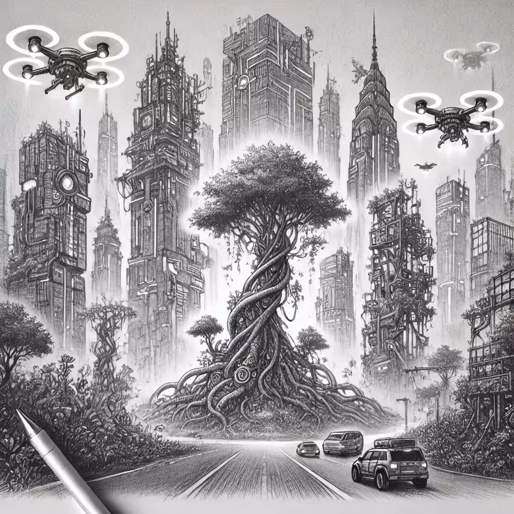 Kamrani Drawings: Metropolis 2045: Nature's Reclamation of a Digital Future