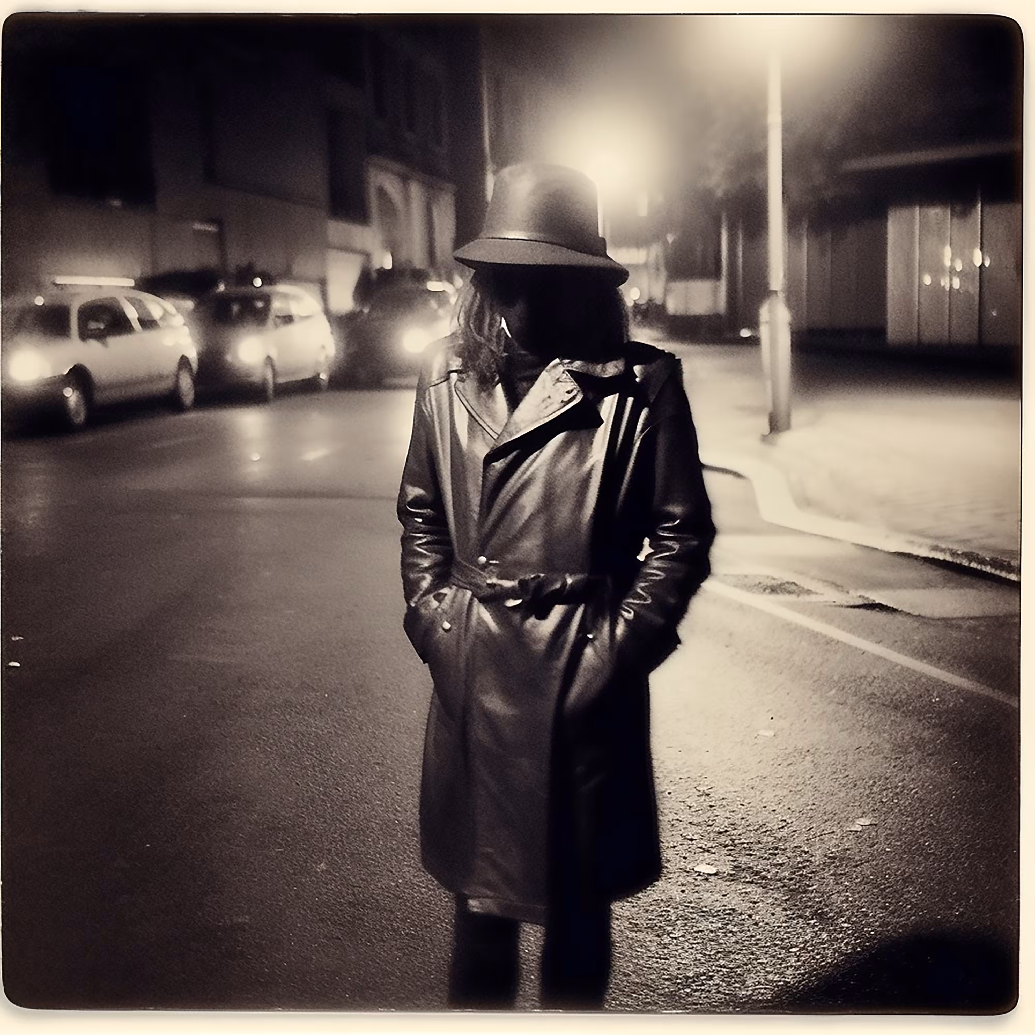 One Night with No Face and a Trench Coat Leather, under a street lamp possibly damp