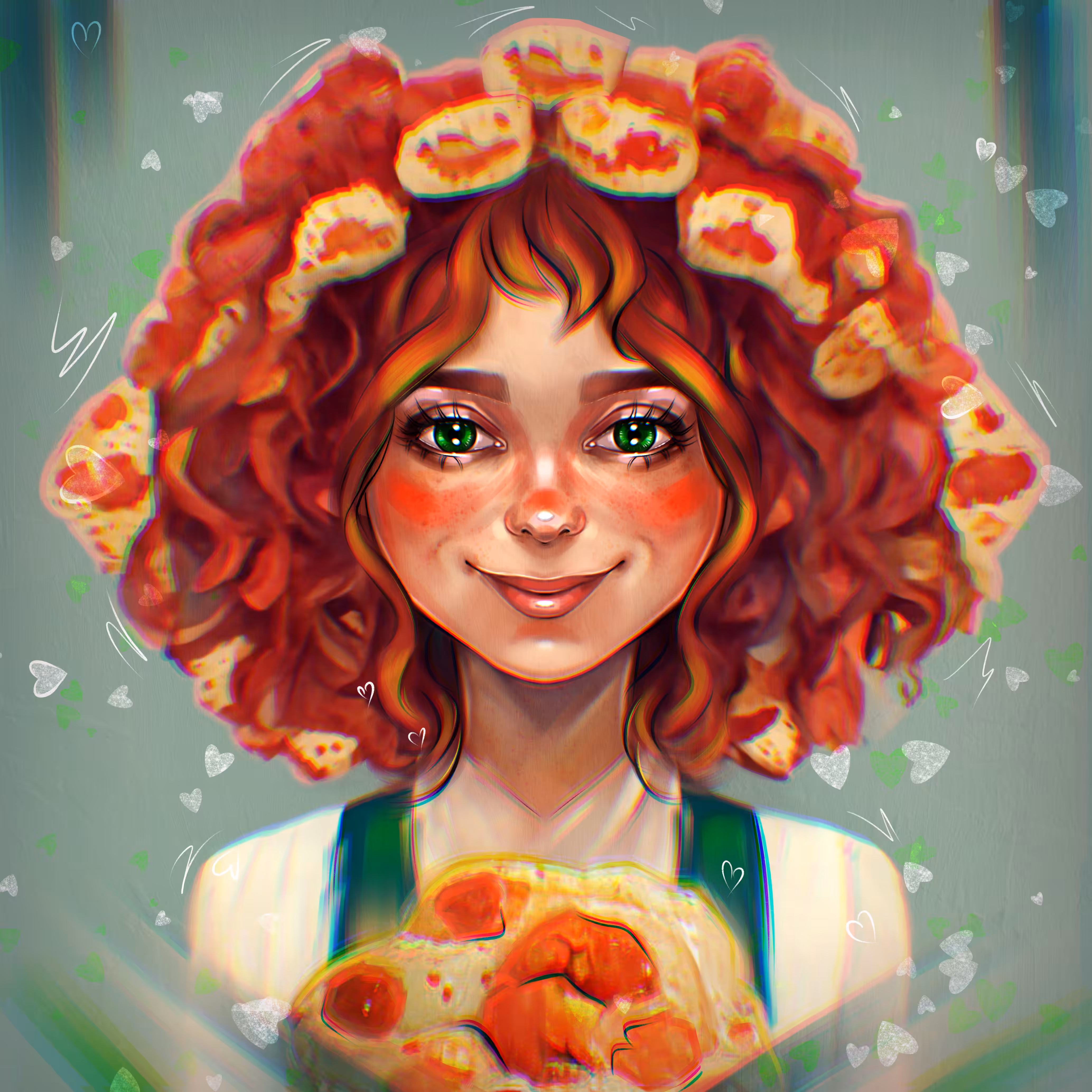 The red-haired girl is madly in love with pizza