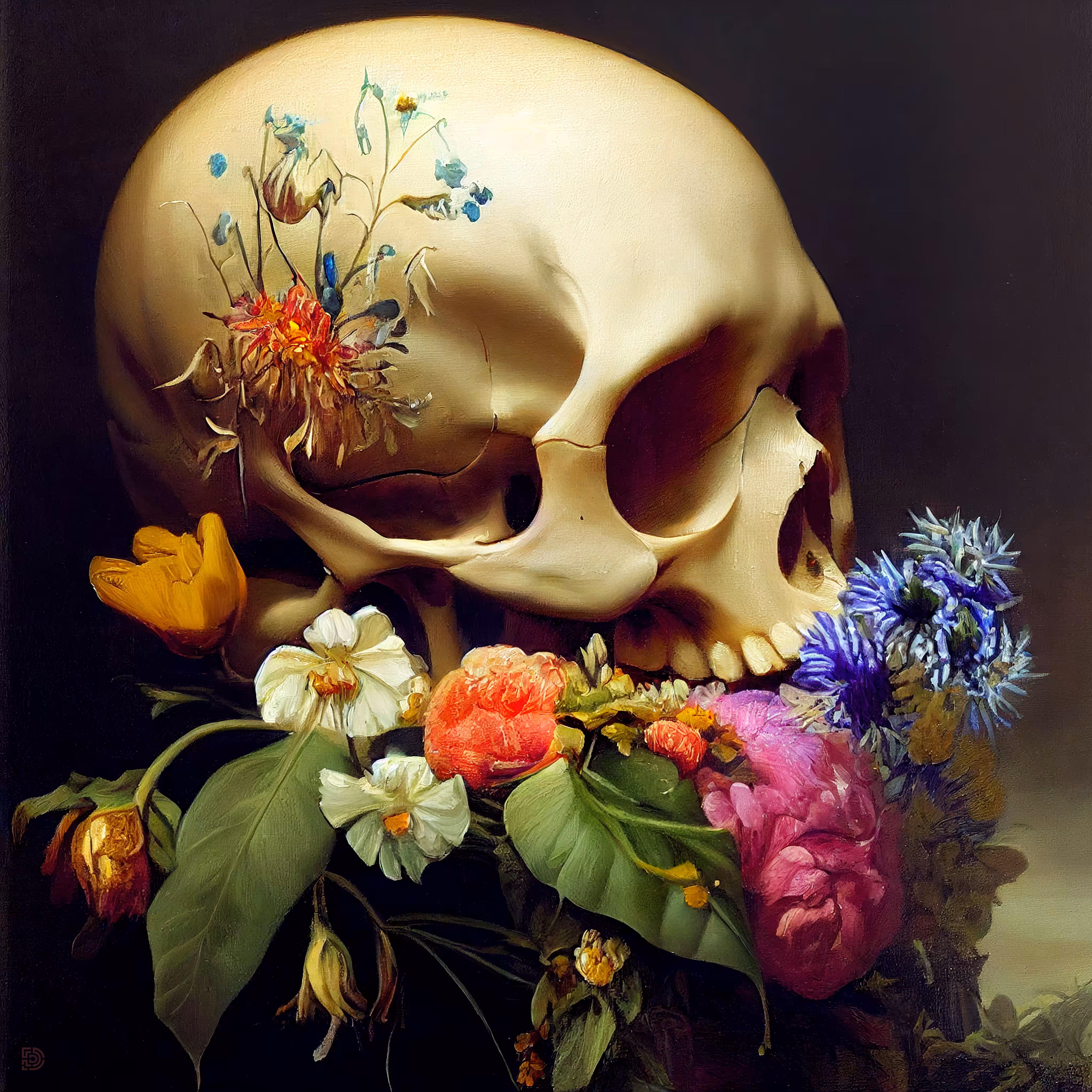 Right profile of a human skull with an arrangement of wild flowers - 04