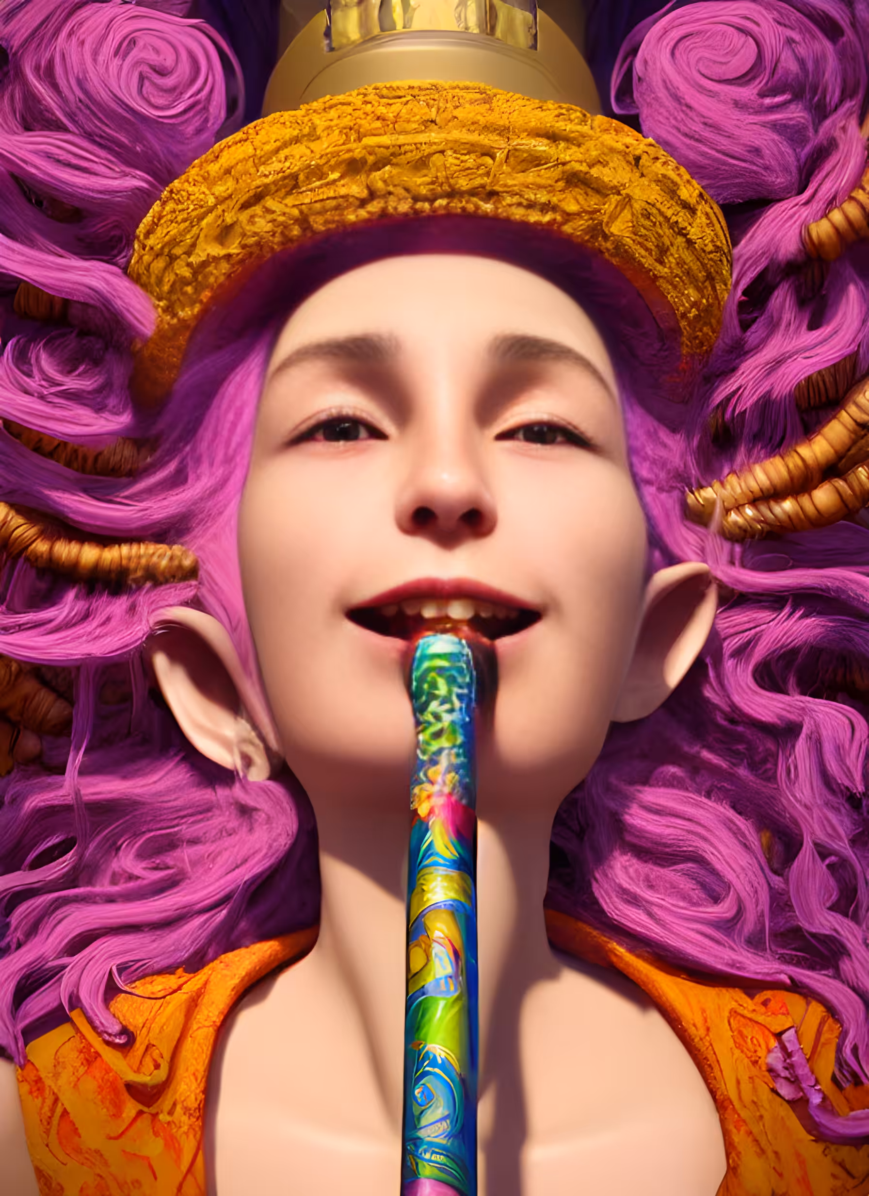 An enchantress with violet locks and a flute
