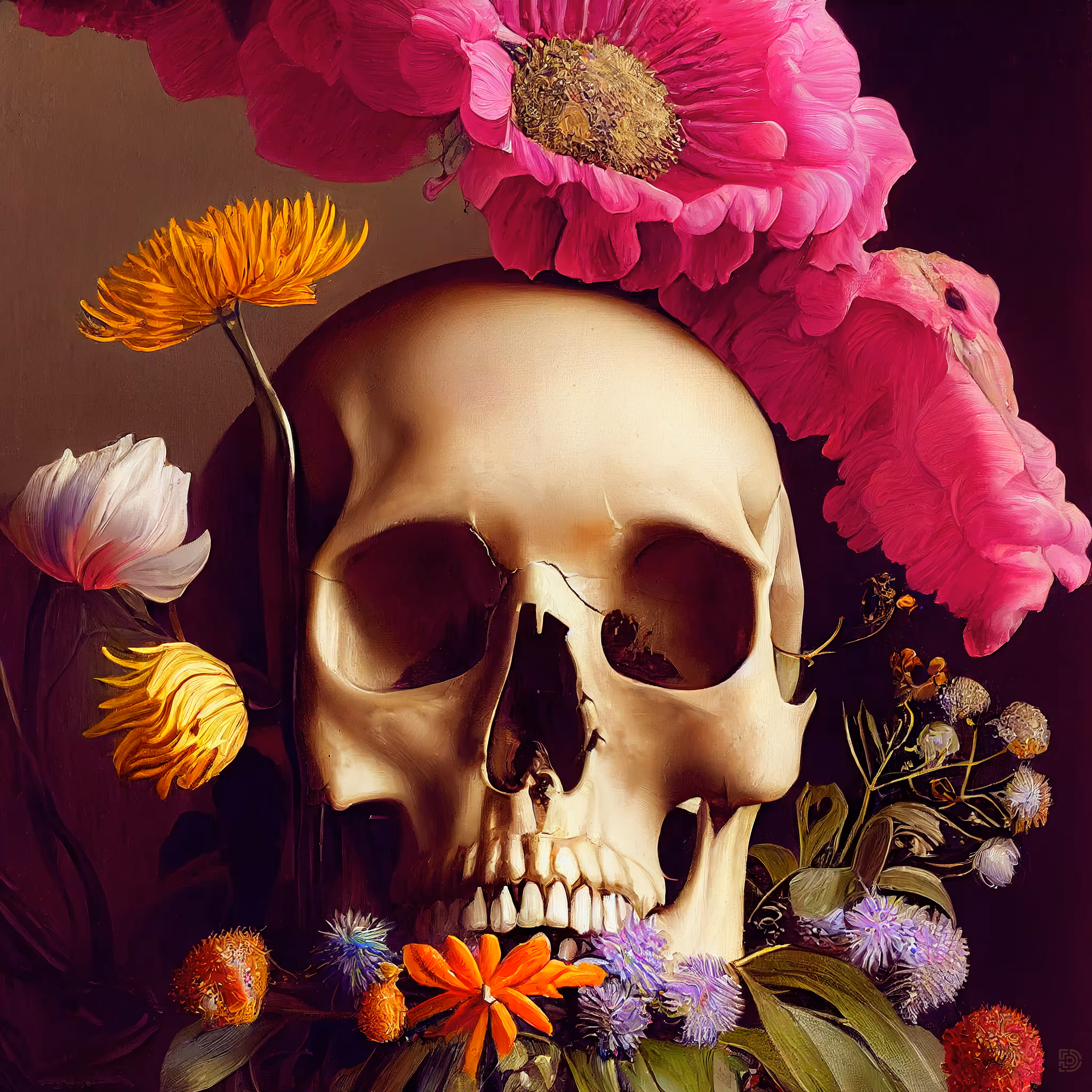 Forward facing human skull with an arrangement of wild flowers - 06