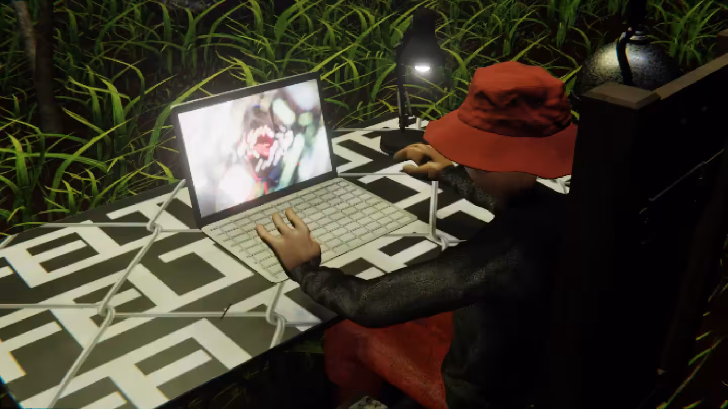 Desktop #57: The Hypebeast in the Electric Chair With a Desk Lamp and a Algo Lite Macbook on a Barbed Wire Table in The Forest
