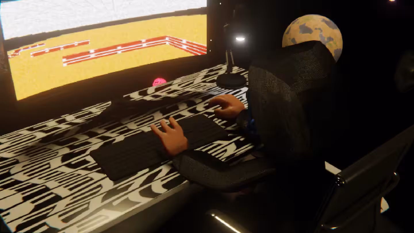 Desktop #102: The Hacker in the Black Slim Chair With a Desk Lamp and a Maze Monitor on a Pattern Table in Space