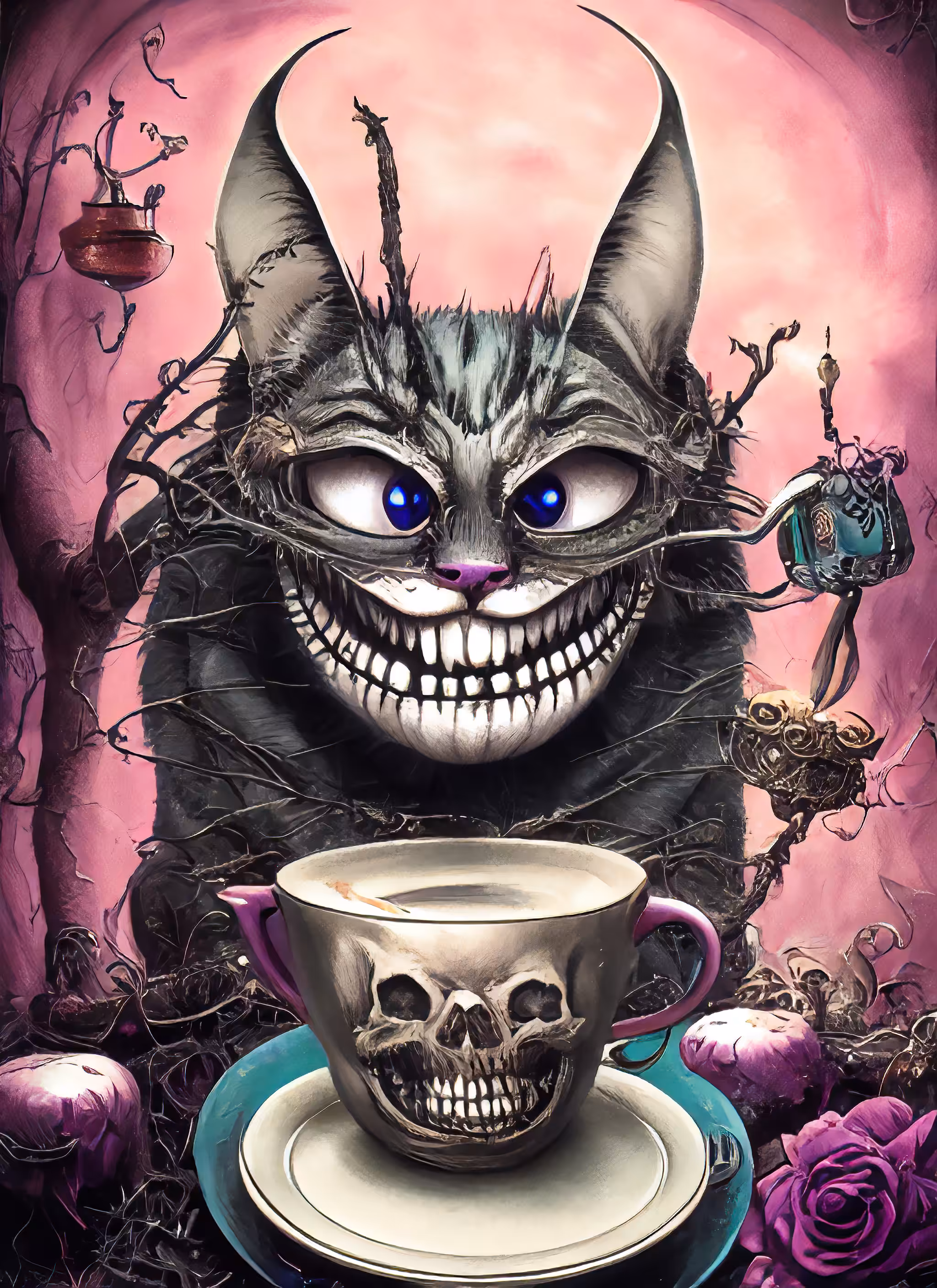 Cheshire Cat drinking tea