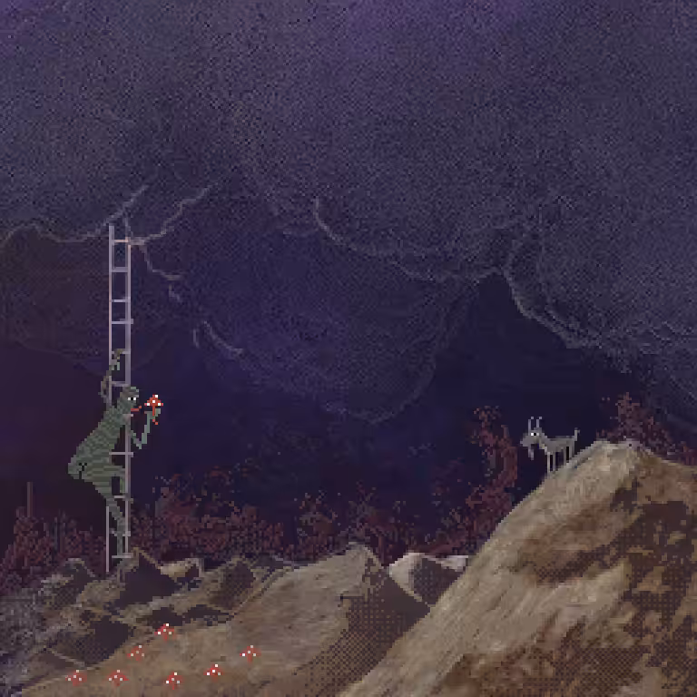 an interdimensional being breaks through the veil of space time to pick mushrooms by the mountains
