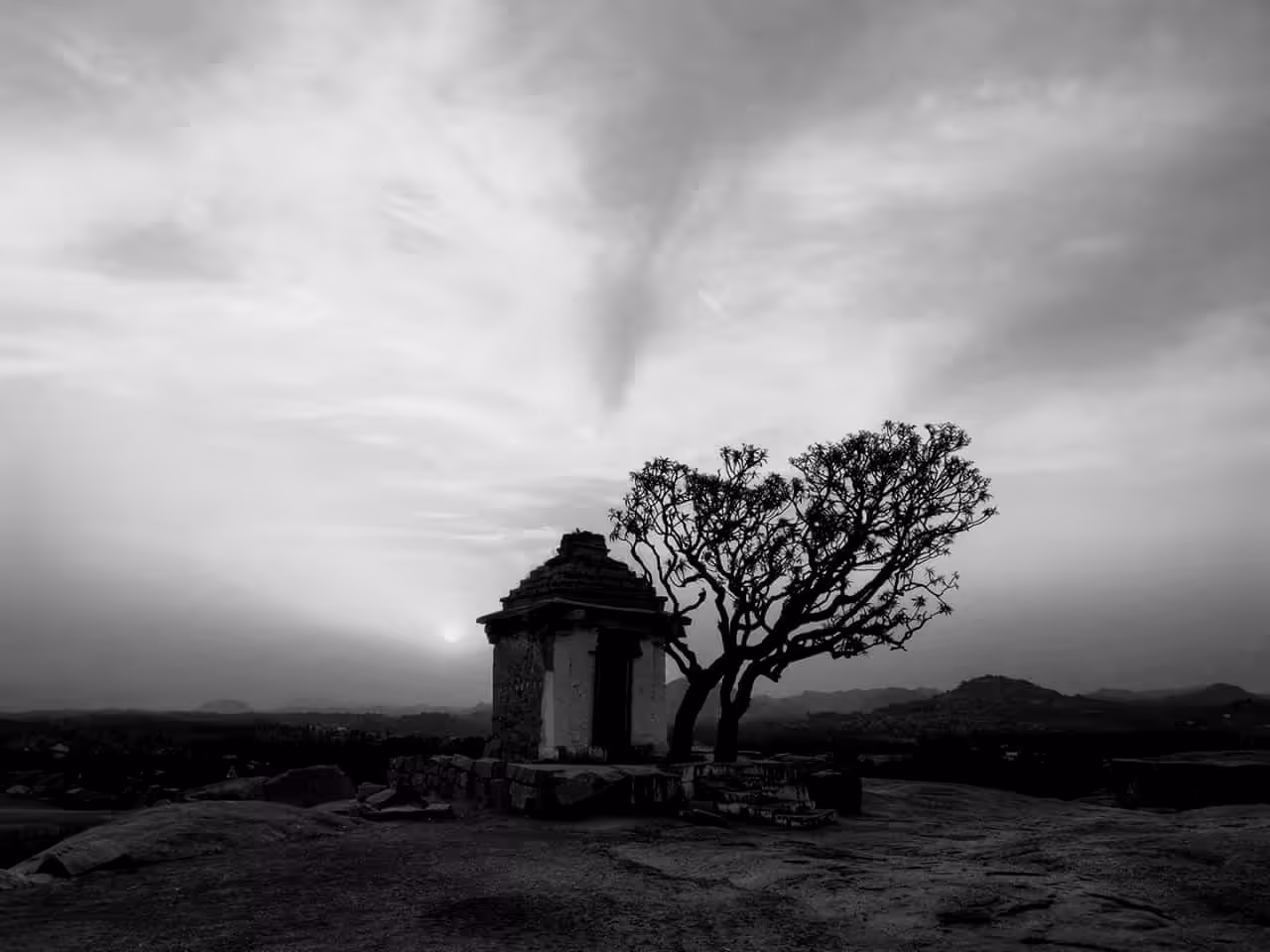 Lone tree and an abondoned temple
