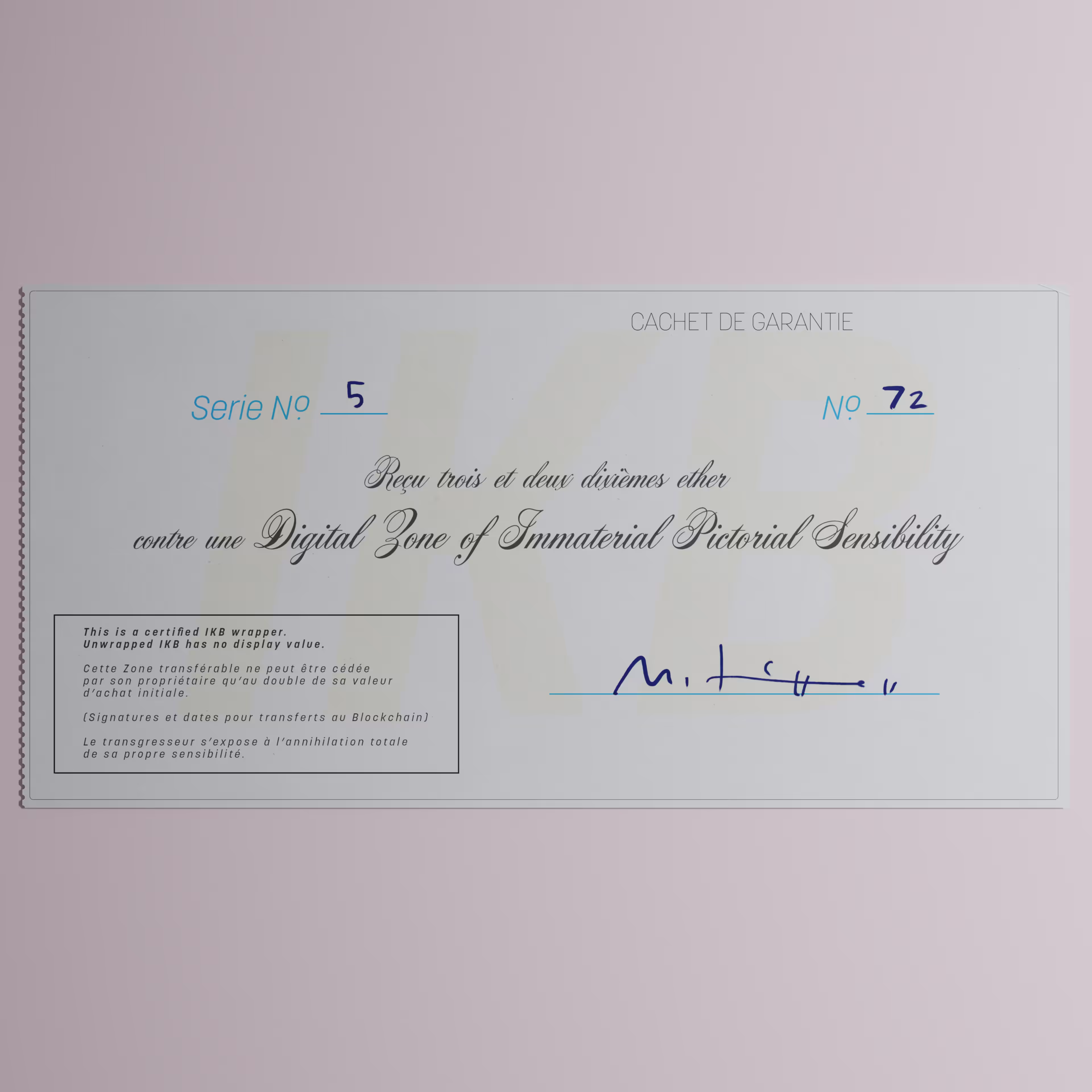 Digital Zone of Immaterial Pictorial Sensibility, Series 5, Edition 72. (Wrapped)