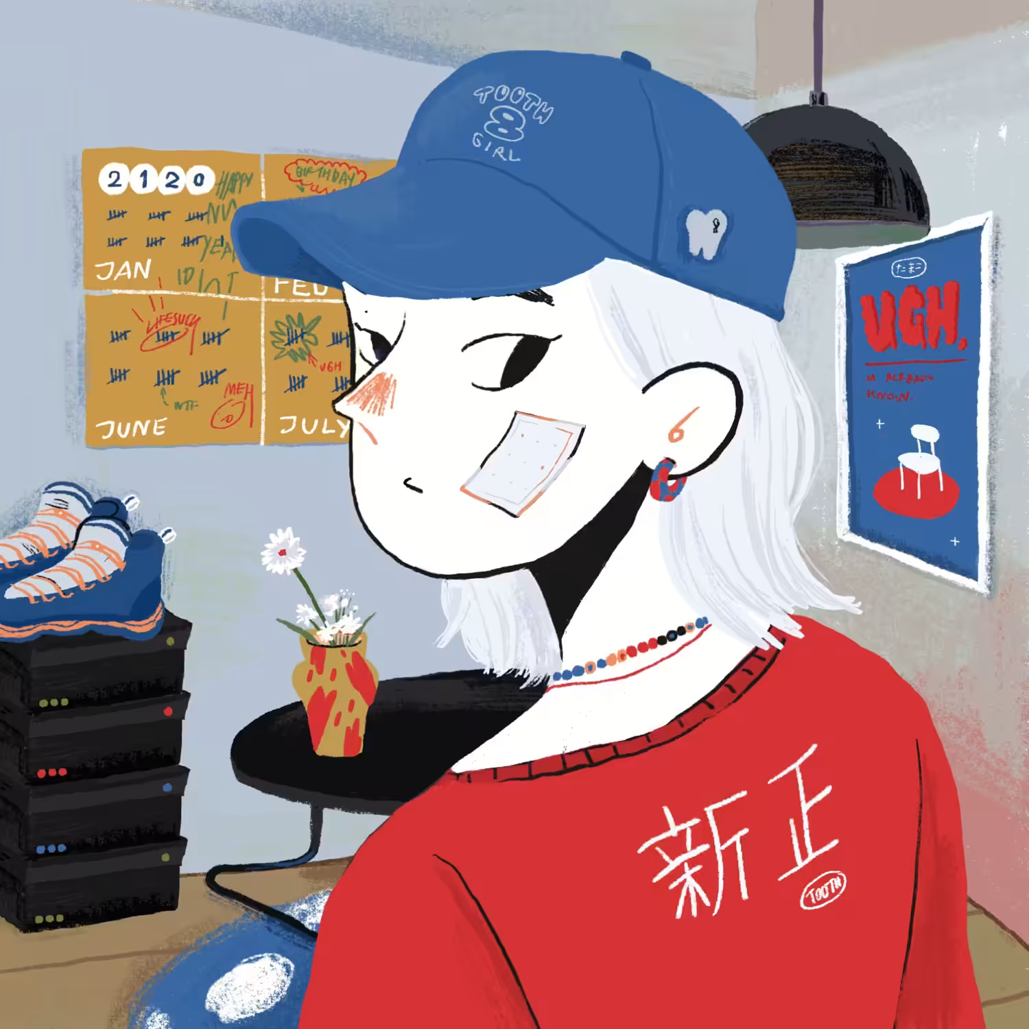 She is in the living room, Wearing her favorite cap - ni