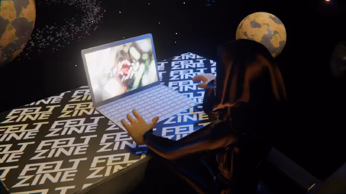 Desktop #96: The Guru in the Eames Chair With a Drone and a Algo Lite Macbook on a Felt Zine Table in Space