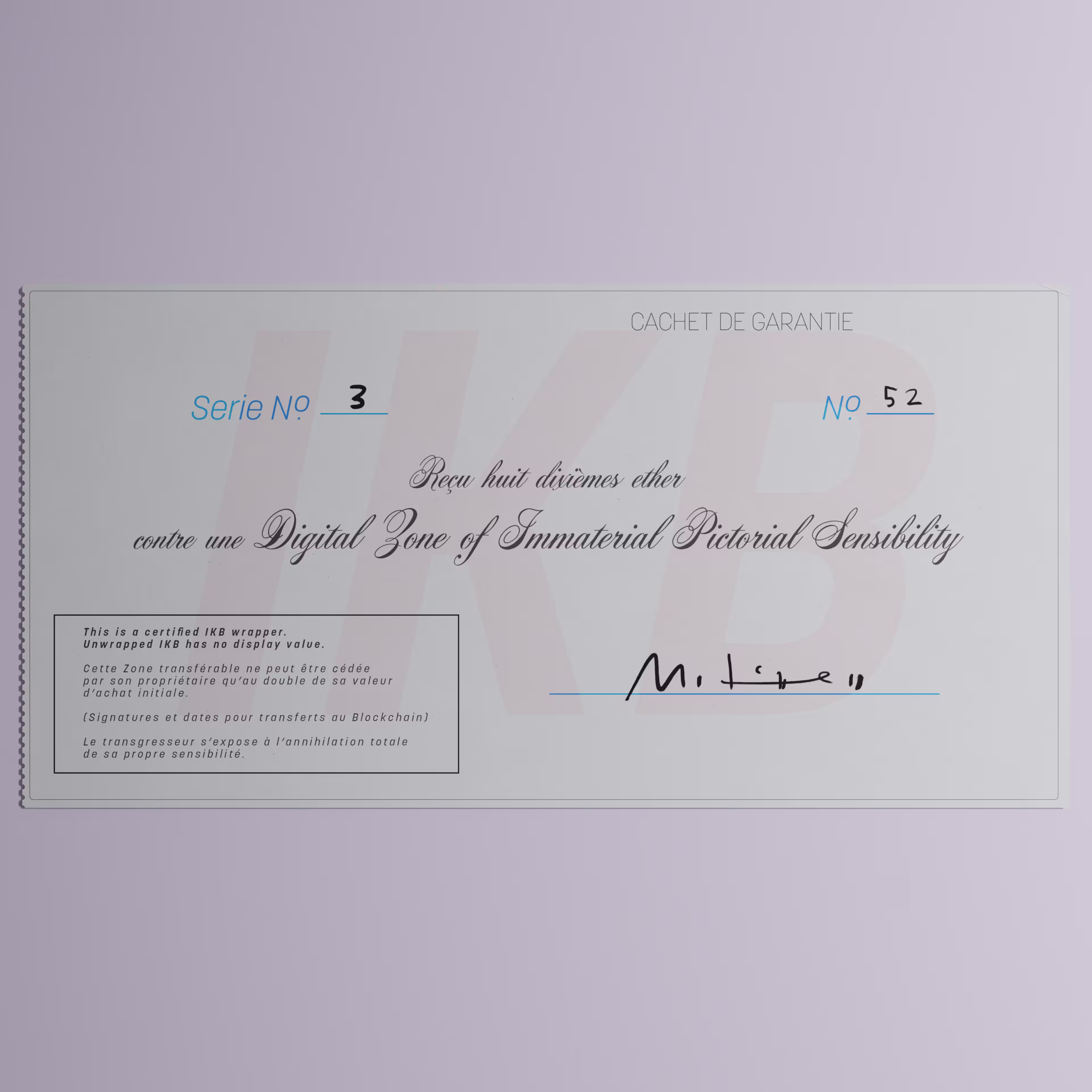 Digital Zone of Immaterial Pictorial Sensibility, Series 3, Edition 52. (Wrapped)