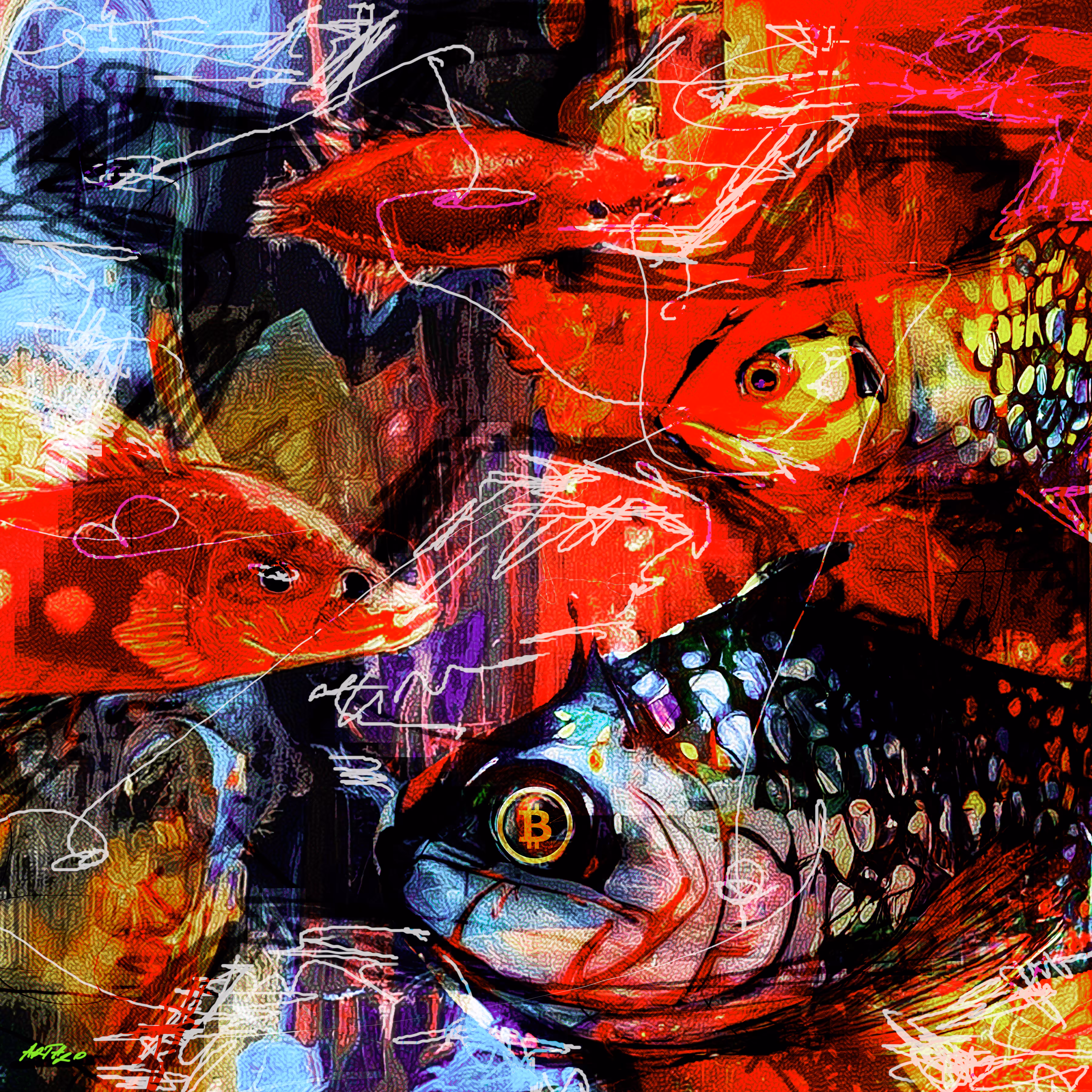 CryptoFish, Embracing Change, Bitcoin, Btc, Cryptocurrency 25x25inch 300 DPI, Printable
