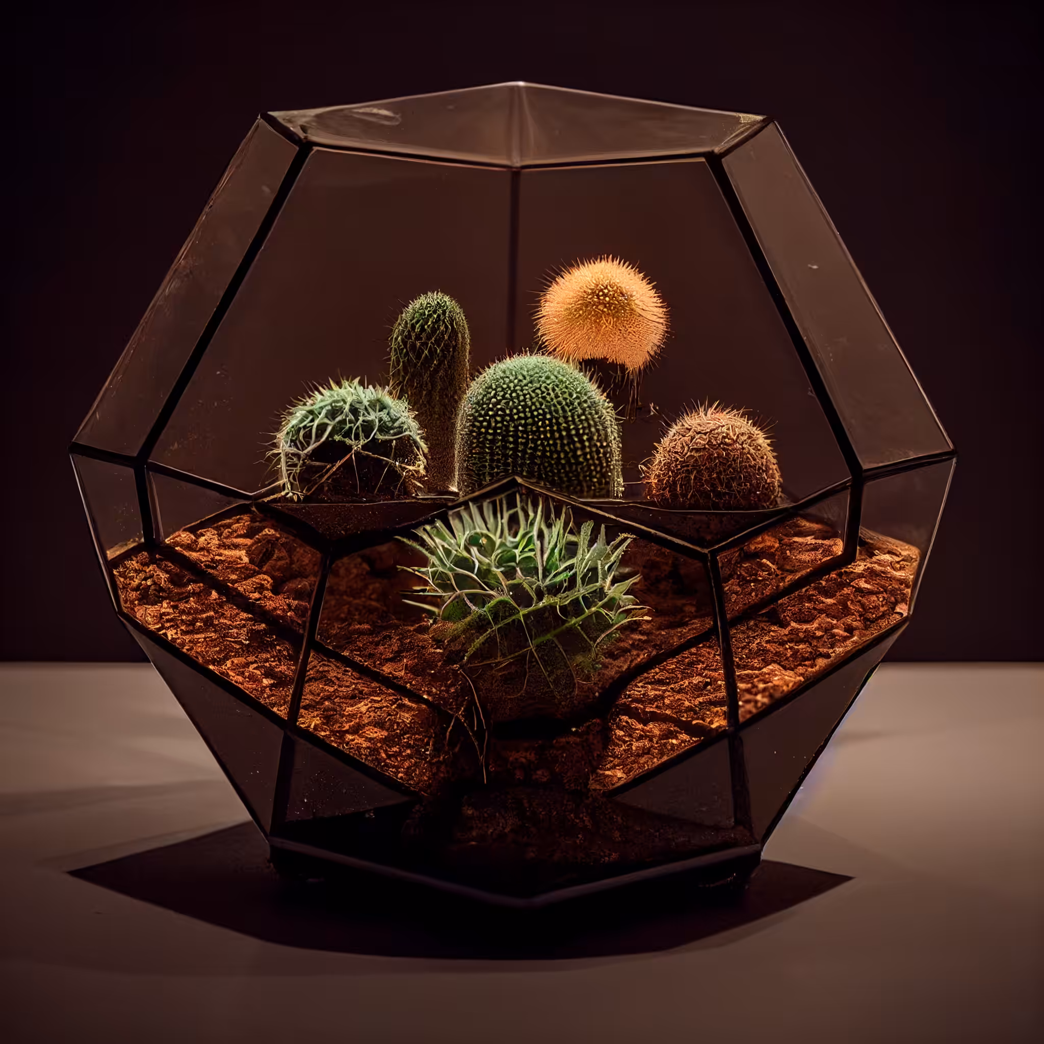 photography of a dodecahedron dry terrarium