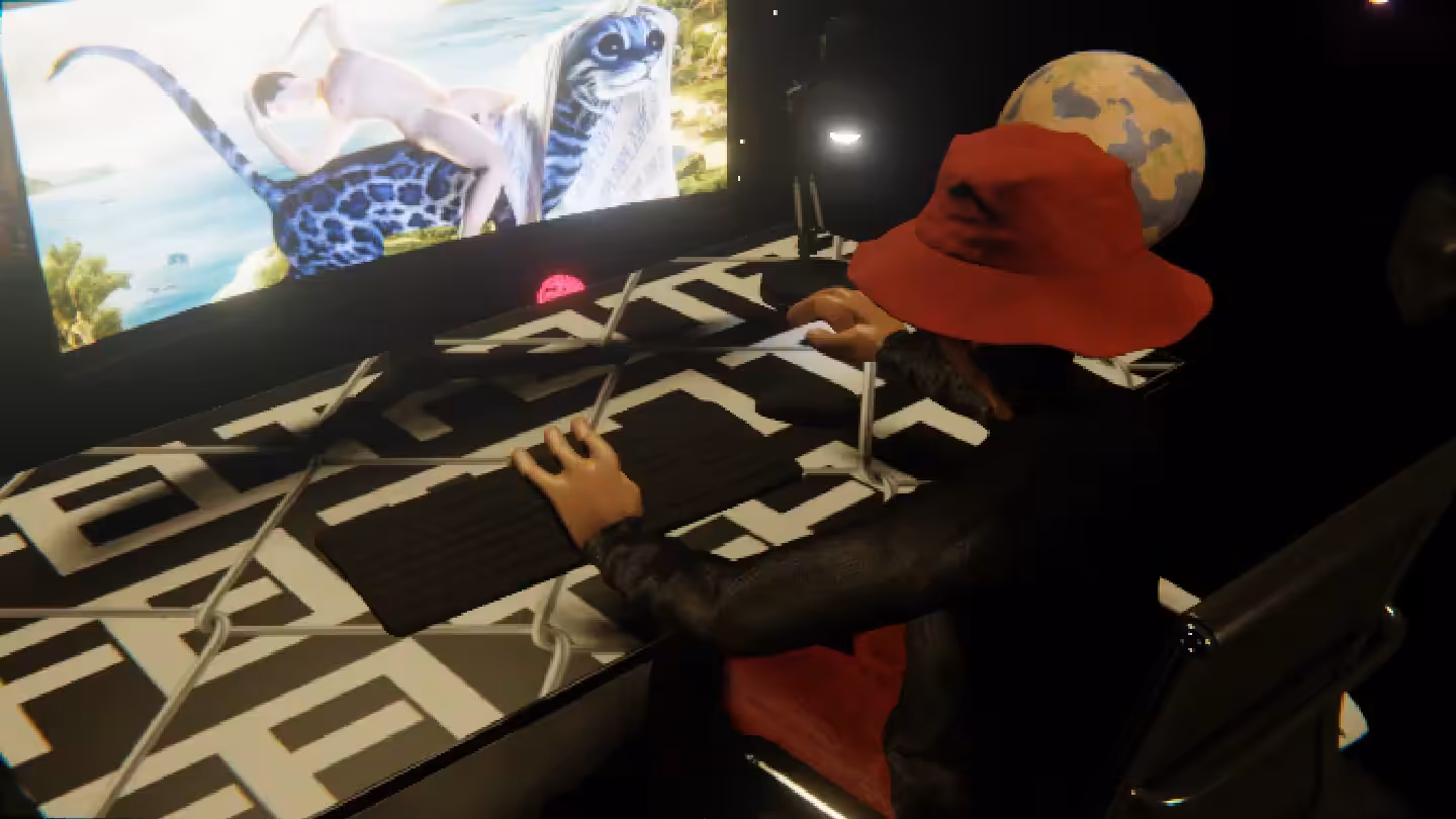 Desktop #296: The Hypebeast in the Black Slim Chair With a Desk Lamp and a Kitty Monitor on a Barbed Wire Table in Space
