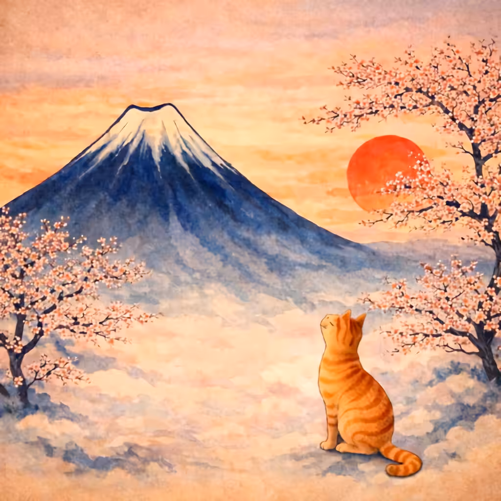 A quiet cat gazes toward Mount Fuji beneath drifting cherry blossoms.