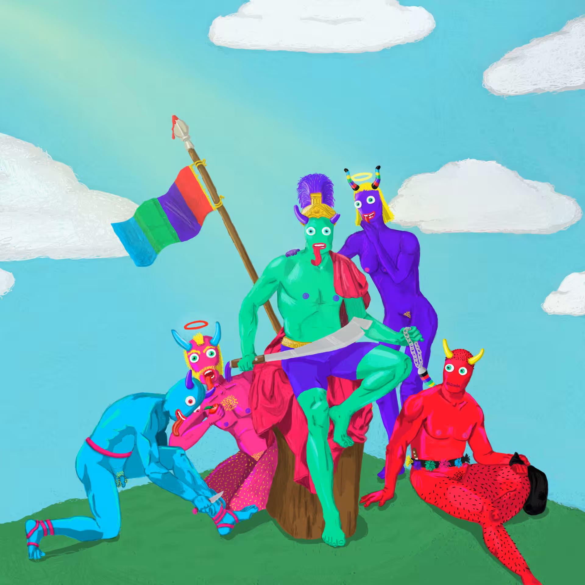 Three men resting accompanied by an angel and a demon