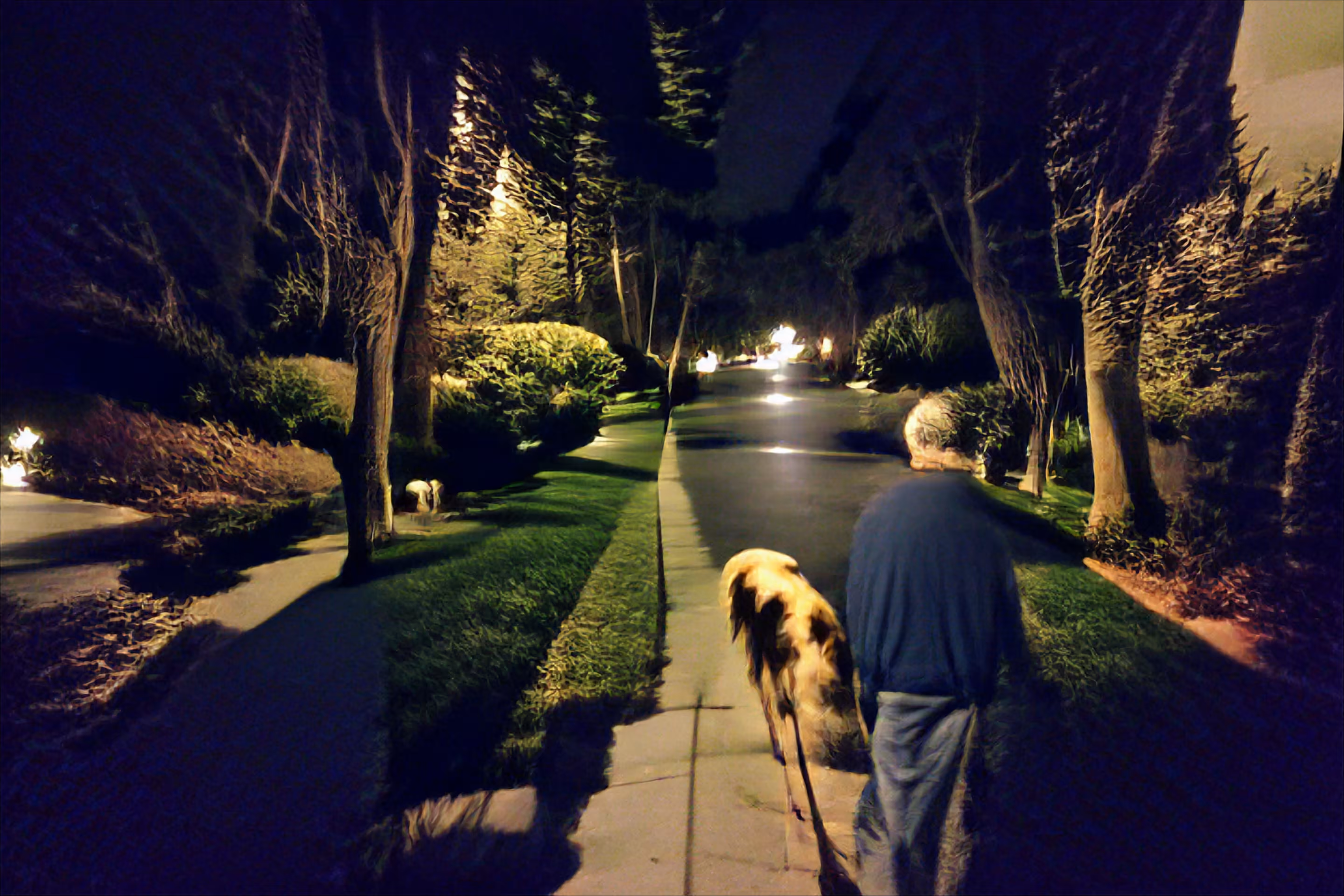 Walking with my Dad and his dog through the quiet streets at night